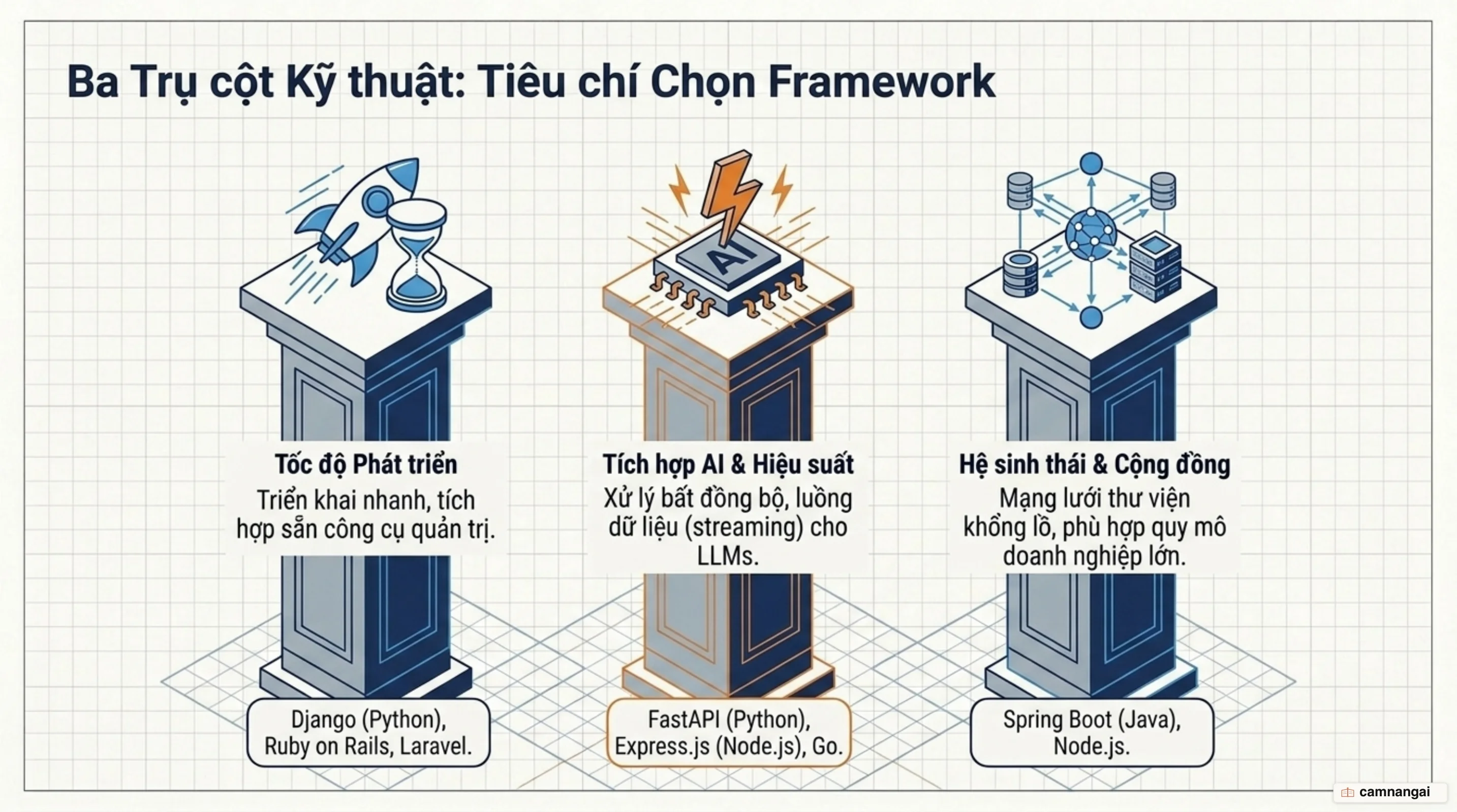 Ba tiêu chí chọn framework backend: tốc độ phát triển, khả năng tích hợp AI và hiệu suất, hệ sinh thái và cộng đồng