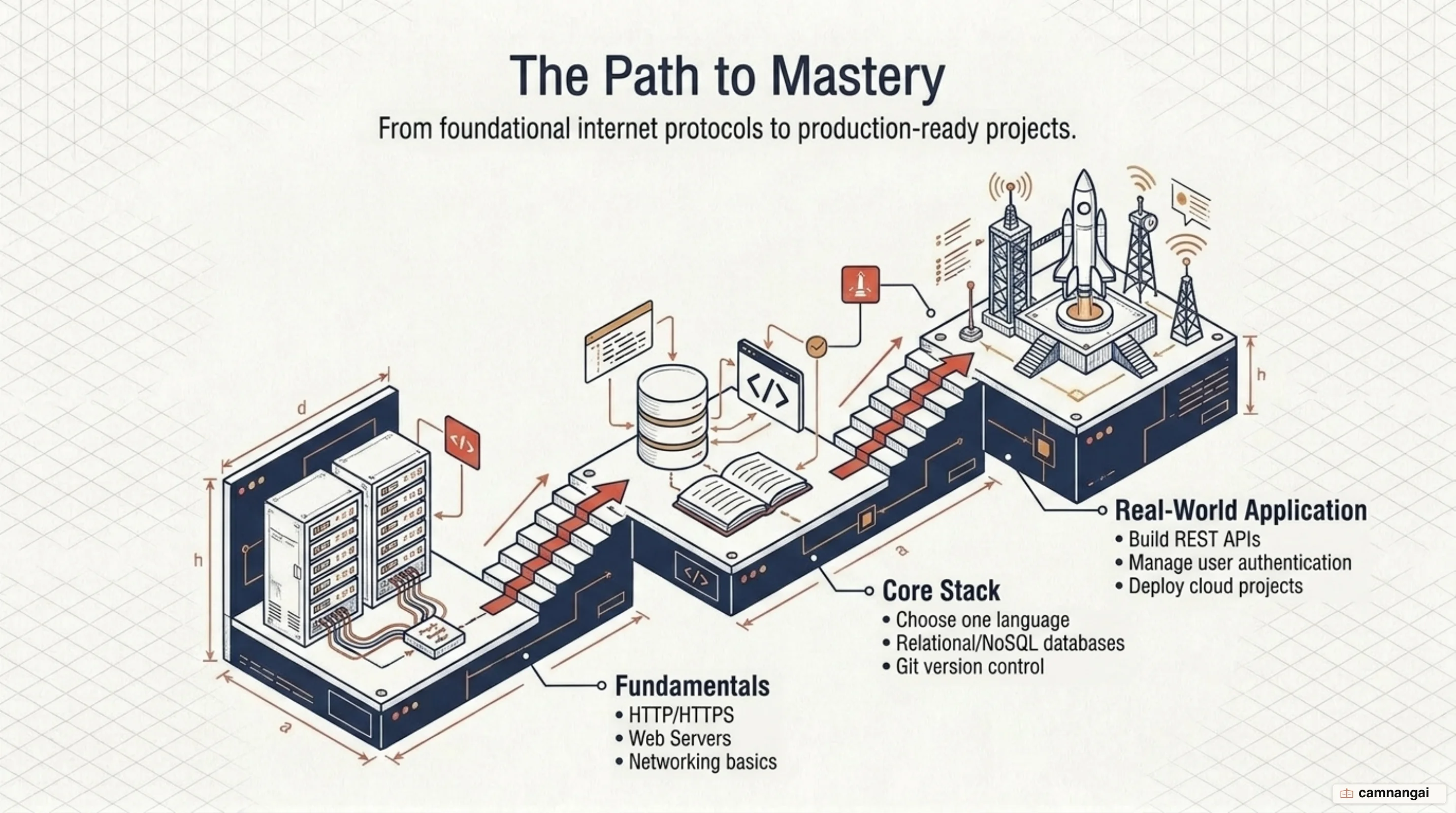 The back-end learning path: web server fundamentals, then a core language with databases and Git, then real projects