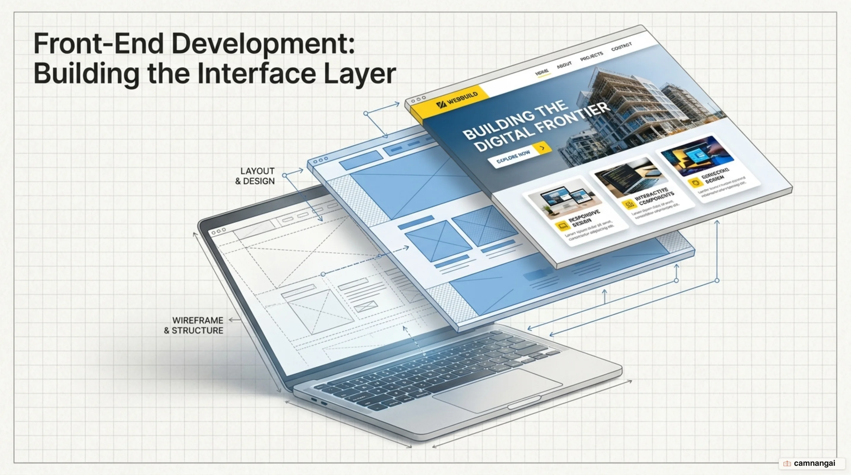 Front-end development illustrated: the interface layer people see and interact with directly in a browser