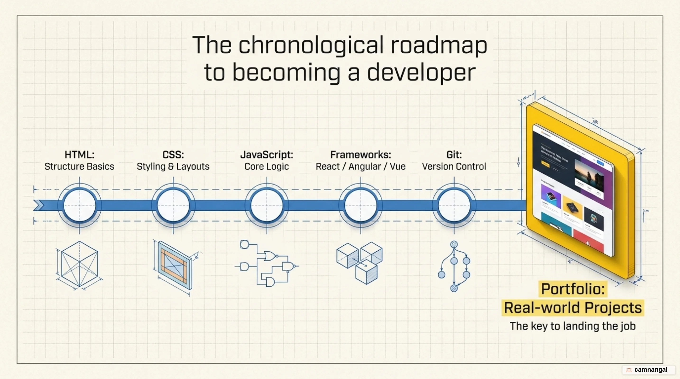 The front-end learning path in order: HTML, CSS, JavaScript, a framework, Git, then portfolio projects