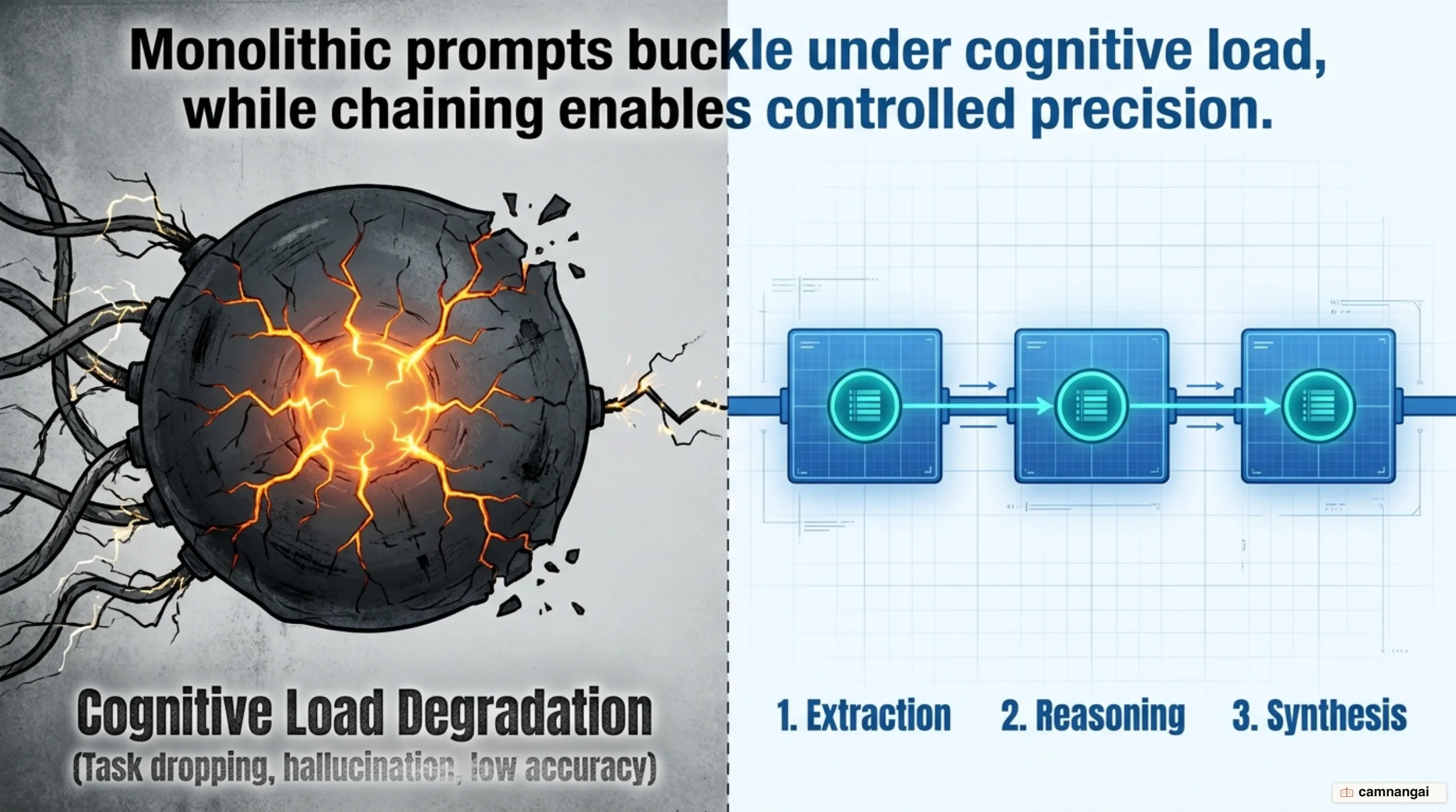 Cognitive load degradation in monolithic prompts versus controlled multi-step workflow execution