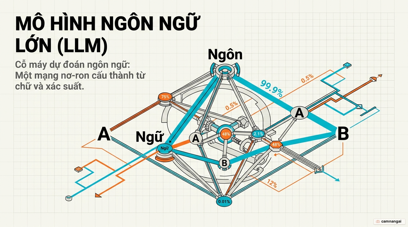 Mô hình ngôn ngữ lớn (LLM) hình dung như một mạng nơ-ron lập thể tạo nên từ các từ và xác suất, với những đường nối mang trọng số để dự đoán từ tiếp theo