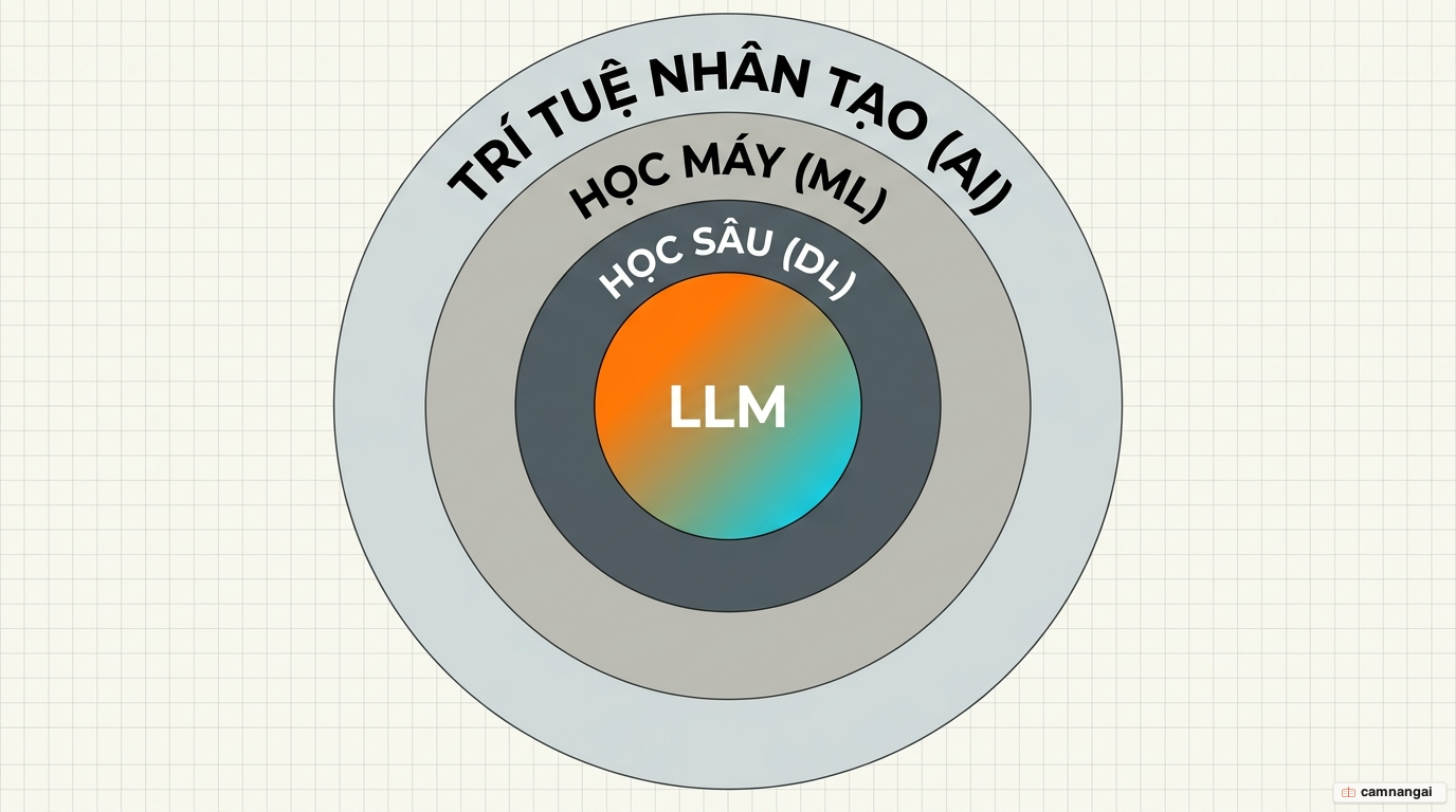 Sơ đồ các lớp lồng nhau: trí tuệ nhân tạo bao ngoài cùng, bên trong là học máy, rồi đến học sâu, trong cùng là mô hình ngôn ngữ lớn (LLM)