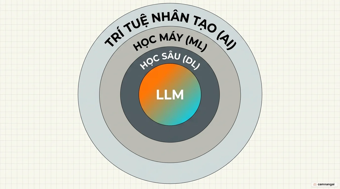 Sơ đồ các lớp lồng nhau: trí tuệ nhân tạo bao ngoài cùng, bên trong là học máy, rồi đến học sâu, trong cùng là mô hình ngôn ngữ lớn (LLM)