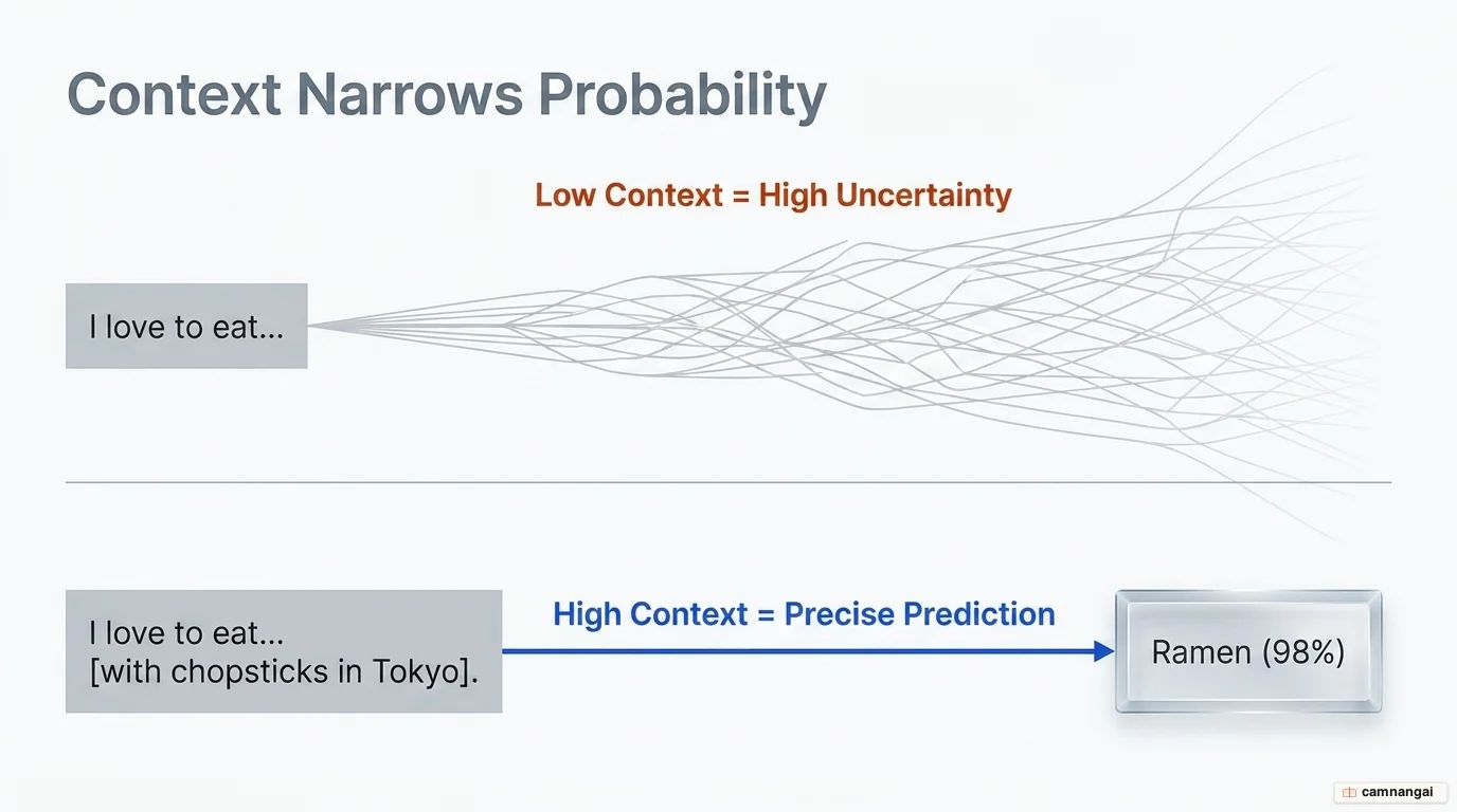 Next-token prediction diagram for the sentence "The sky today is very ___": adding context narrows the probabilities, with the leading word at 92%, the next at 6%, and a third at 2%