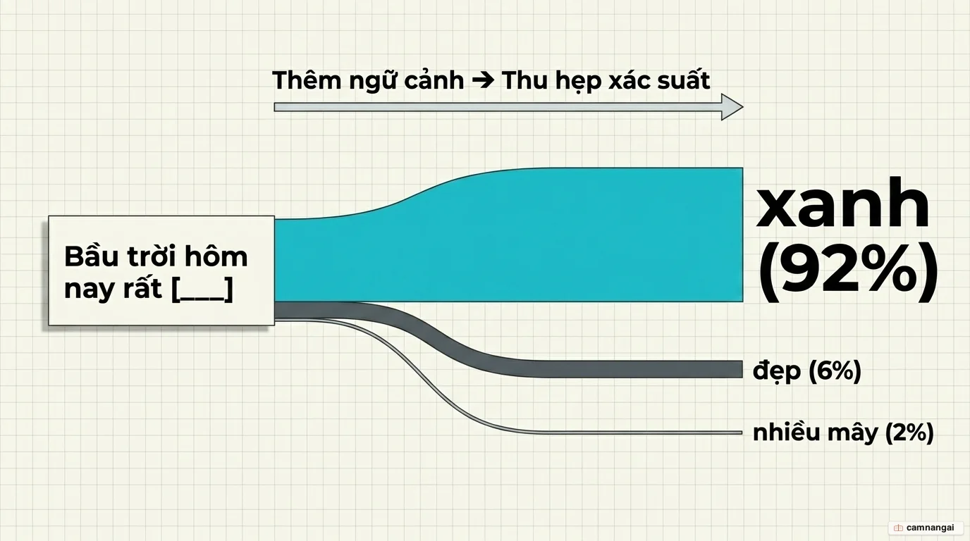 Sơ đồ dự đoán từ tiếp theo cho câu "Bầu trời hôm nay rất ___": thêm ngữ cảnh giúp thu hẹp xác suất, từ "xanh" chiếm 92%, "đẹp" 6% và "nhiều mây" 2%