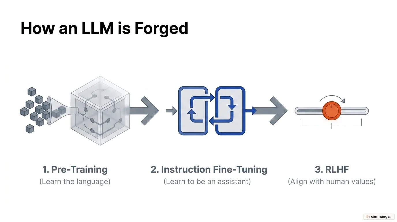 The three sequential stages of training a large language model: pre-training, instruction fine-tuning, and reinforcement learning from human feedback (RLHF)