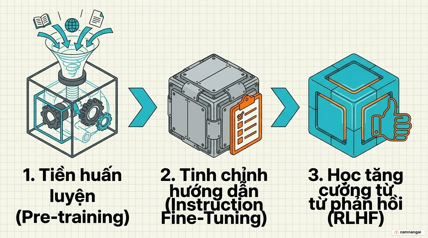 Ba giai đoạn huấn luyện một mô hình ngôn ngữ lớn nối tiếp nhau: tiền huấn luyện, tinh chỉnh hướng dẫn và học tăng cường từ phản hồi con người (RLHF)