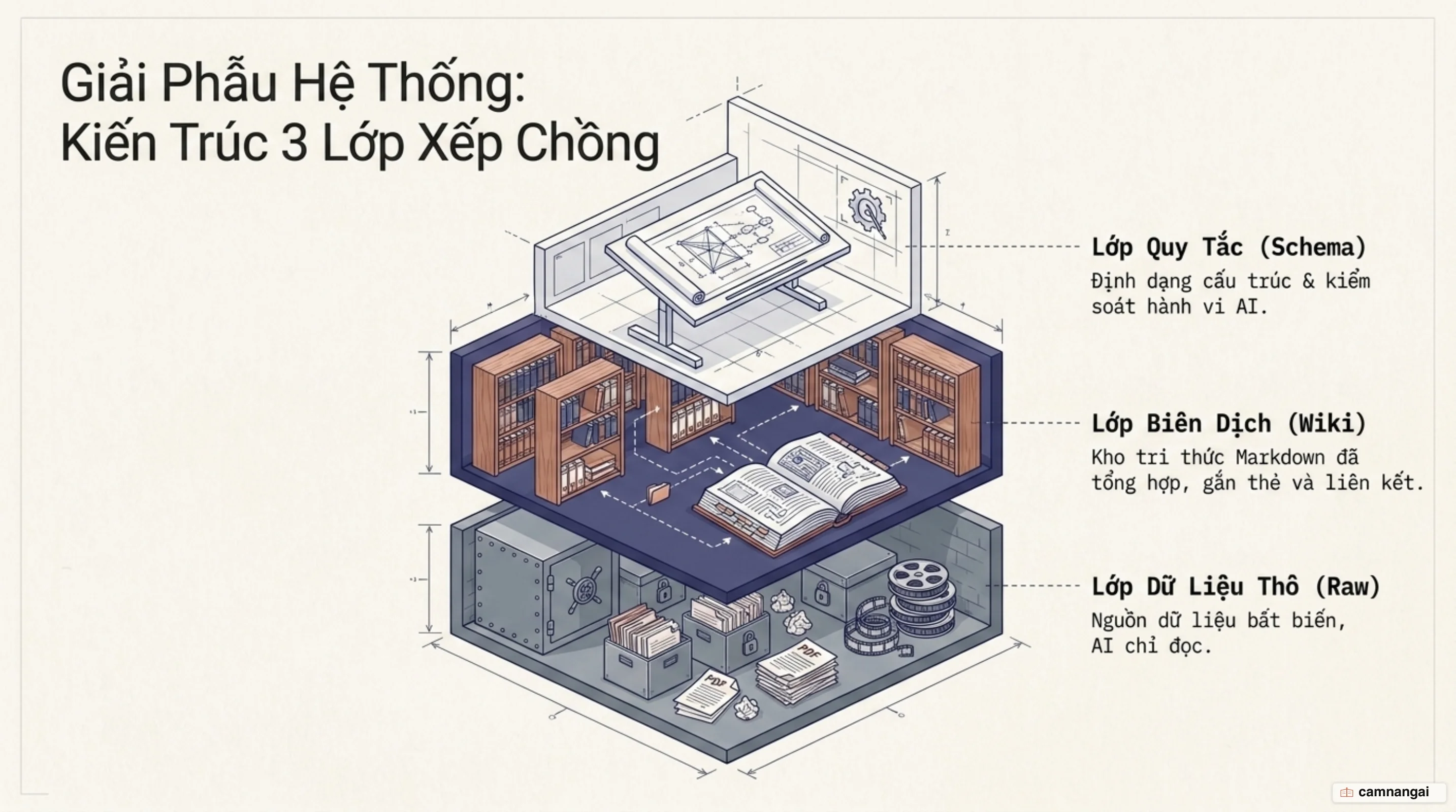 Kiến trúc ba lớp xếp chồng của LLM wiki: lớp Raw nguồn thô, lớp Wiki kho biên dịch, và lớp Schema quy tắc hệ thống
