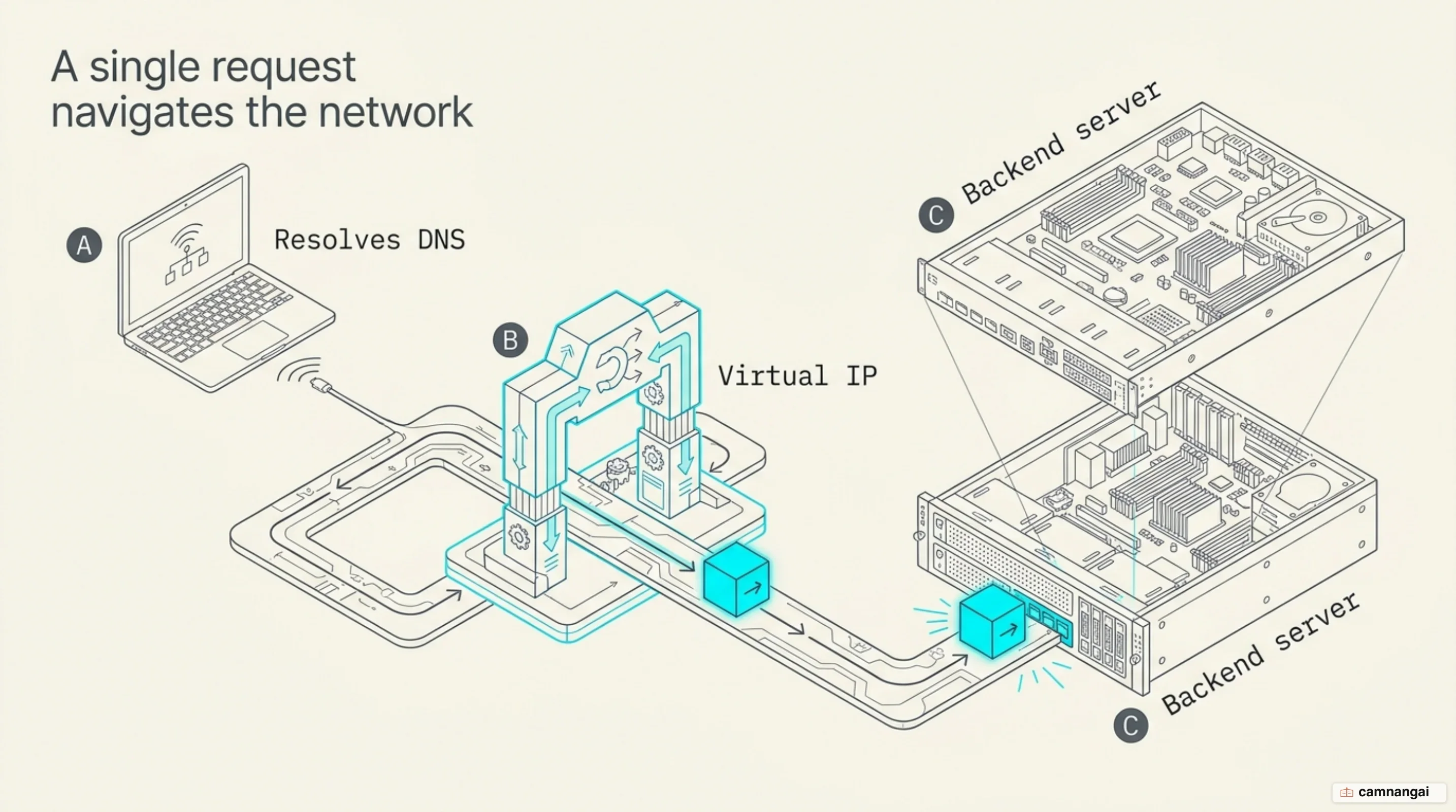 The path of a single request: the client resolves DNS, sends the packet to the load balancer's virtual IP address, and is forwarded on to a chosen backend server