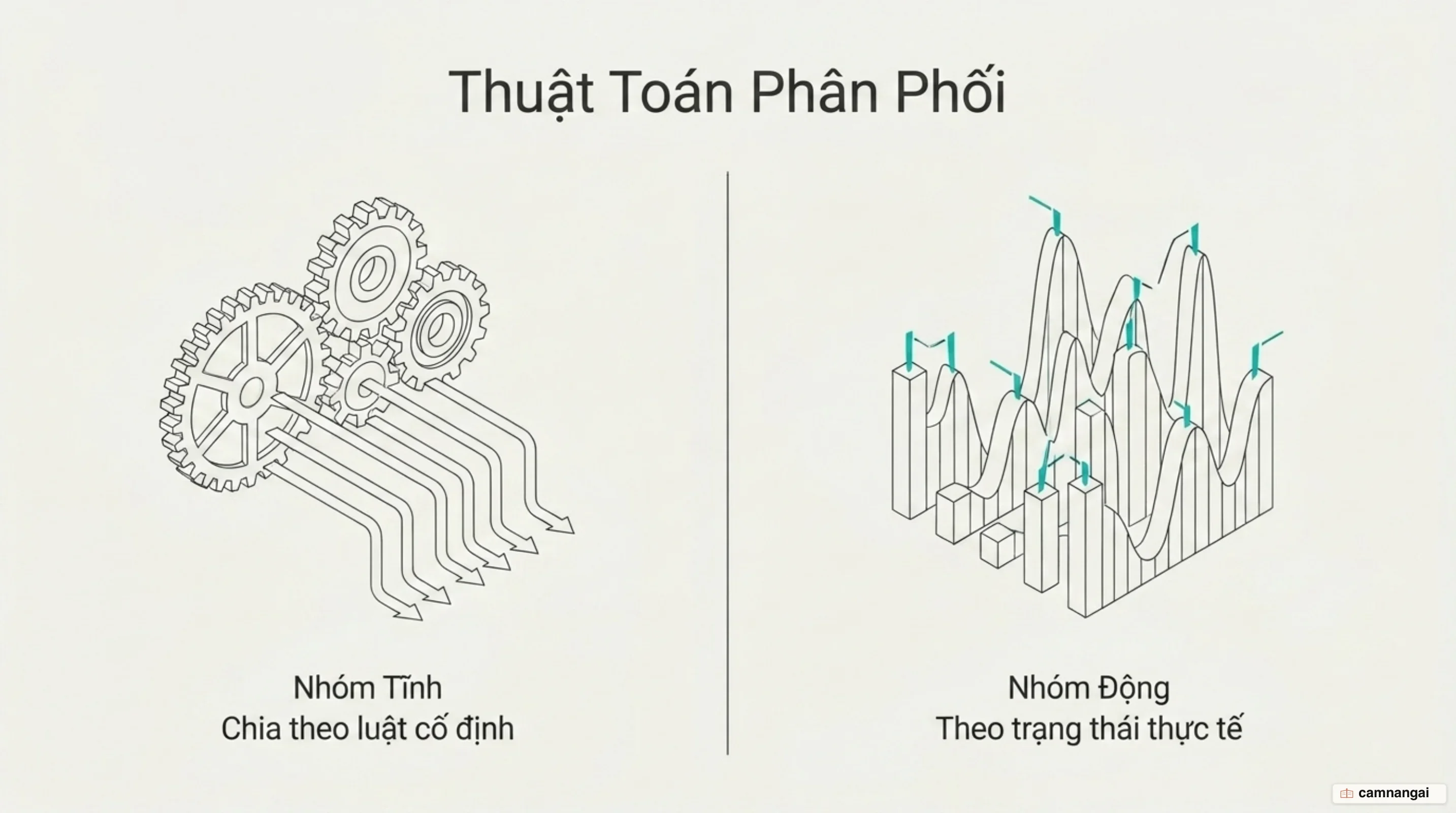 Hai nhóm thuật toán phân phối lưu lượng đặt cạnh nhau: nhóm tĩnh chia theo luật cố định, nhóm động chia theo trạng thái thực tế của máy chủ