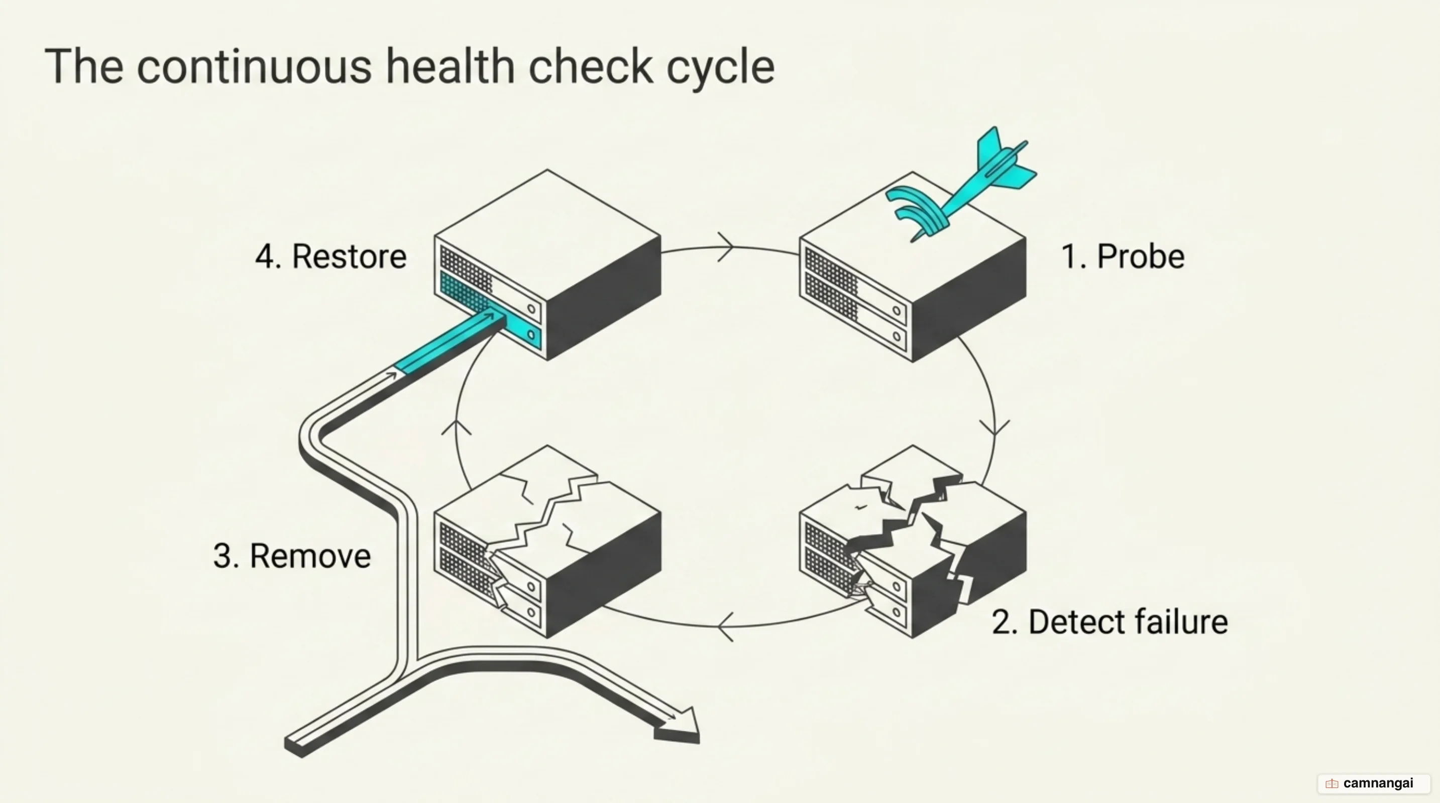 The health check cycle: the load balancer probes each server, pulls a failing one out of rotation, and returns it once it recovers