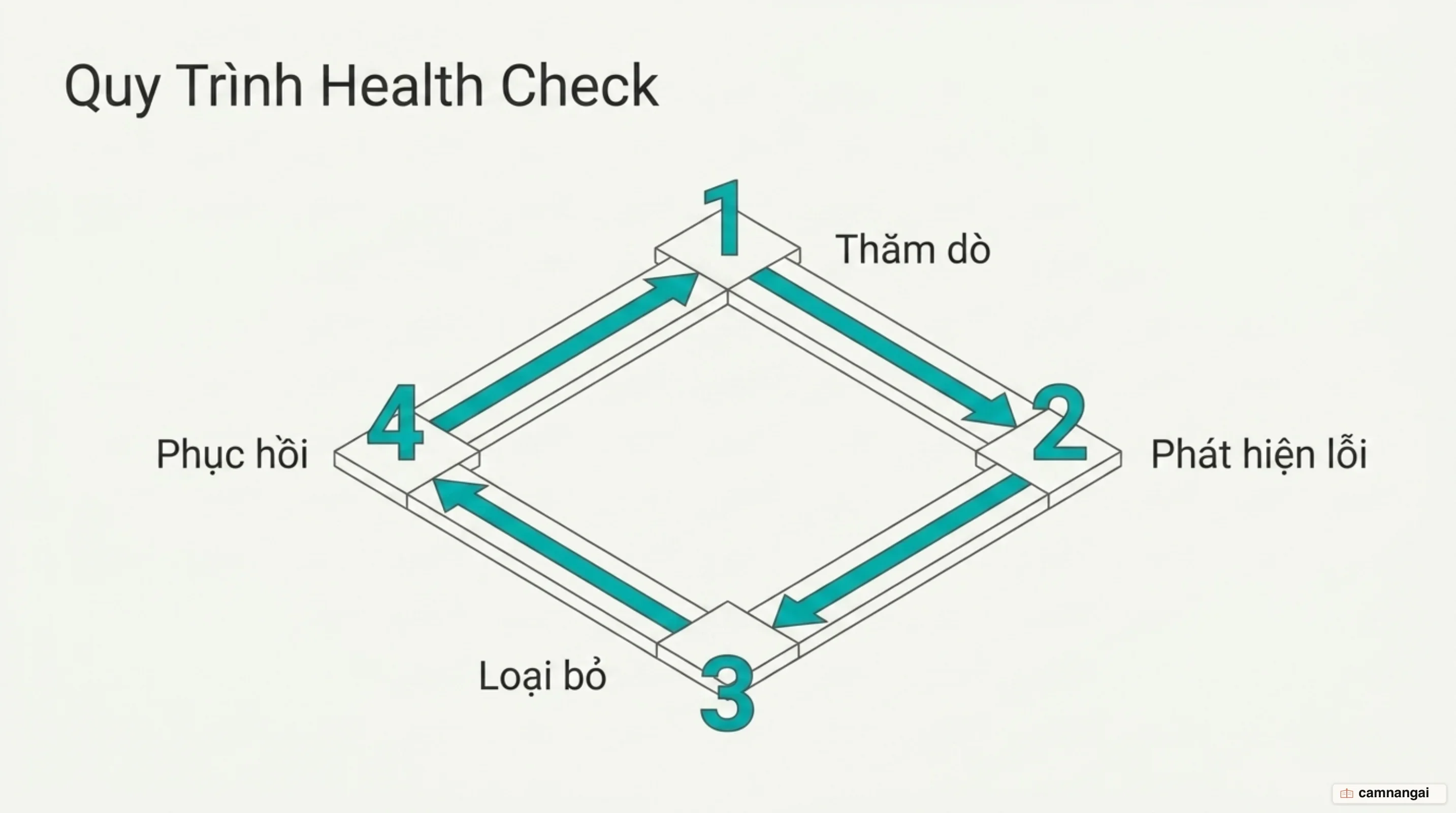 Vòng health check: load balancer gửi probe tới từng máy chủ, loại máy chủ hỏng ra khỏi vòng quay rồi đưa trở lại khi nó hồi phục