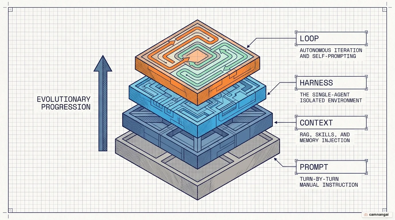 Four evolutionary layers stacked from the bottom up: prompt, context, harness, and loop, with the loop as the top orchestration layer that calls and supervises the agent