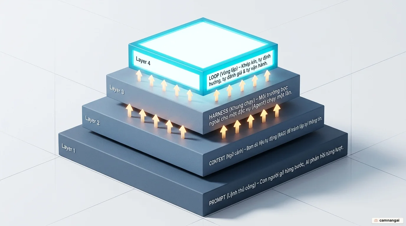 Bốn giai đoạn tiến hóa xếp lớp từ dưới lên: prompt, context, harness và loop, với loop là lớp điều phối trên cùng tự gọi và giám sát agent