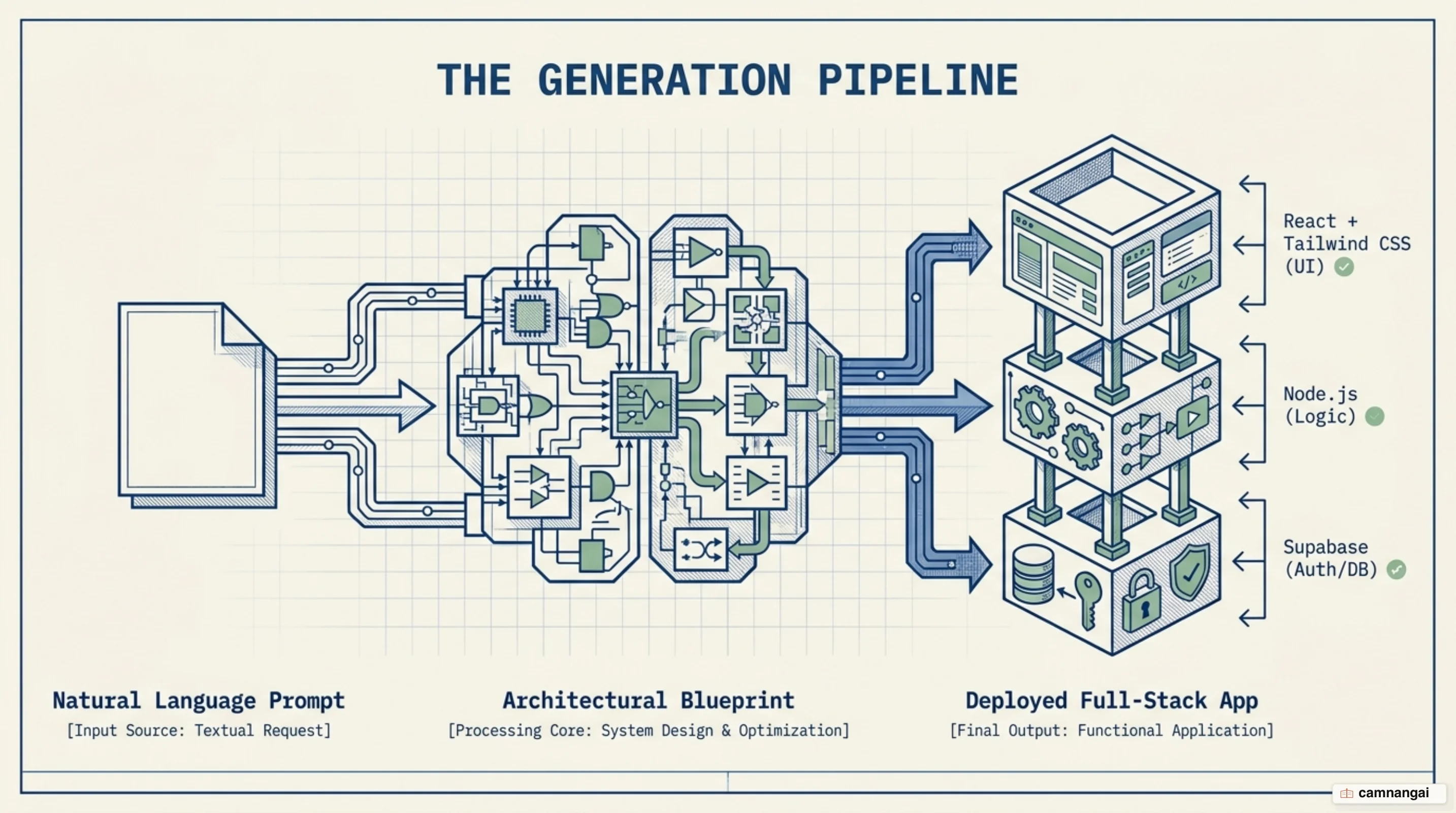 Diagram of the Lovable pipeline: a natural-language prompt becomes an architectural blueprint and then a deployed full-stack app on React and Supabase
