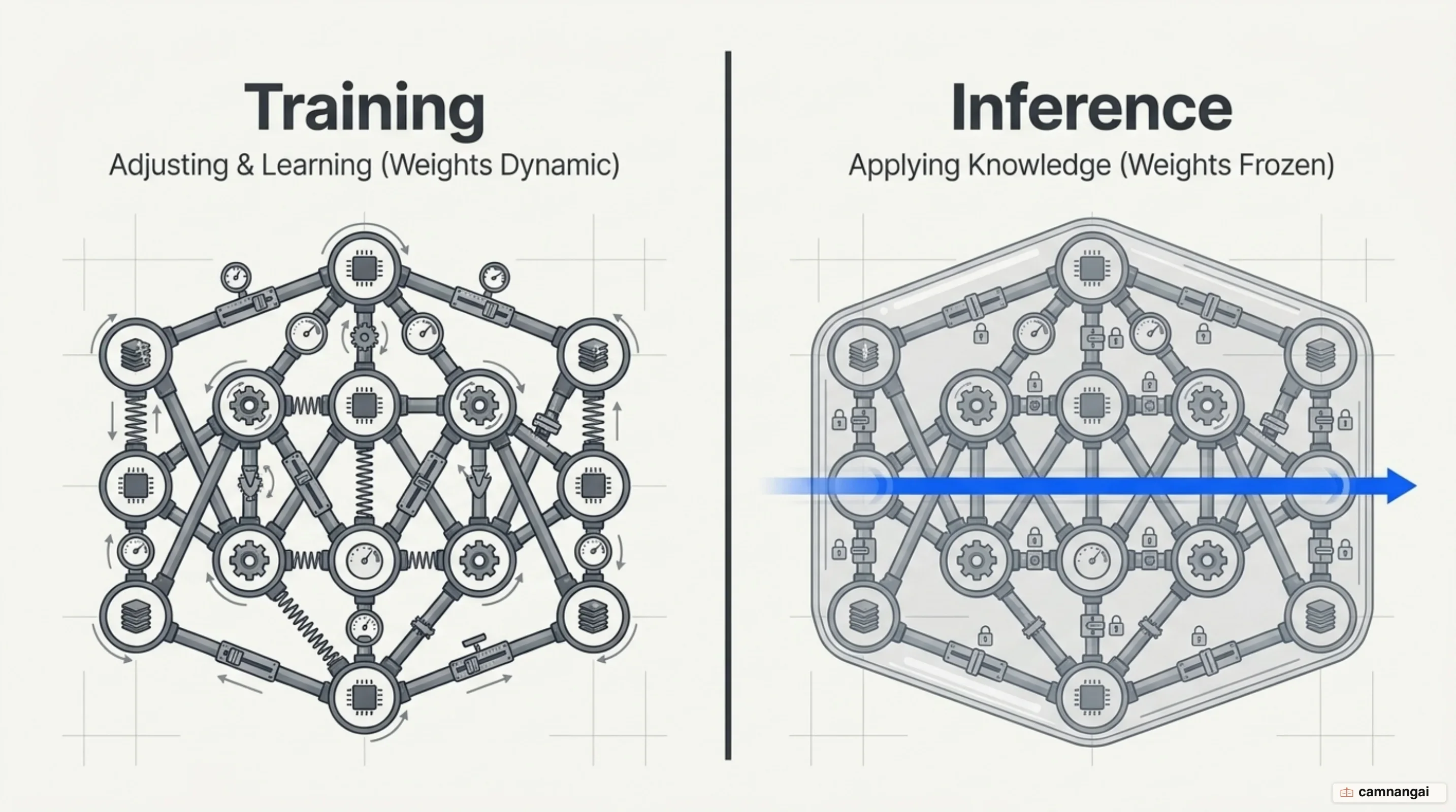 Two opposed sides: on the training side the weights are still being adjusted, on the inference side the weights are locked and only new data passes through