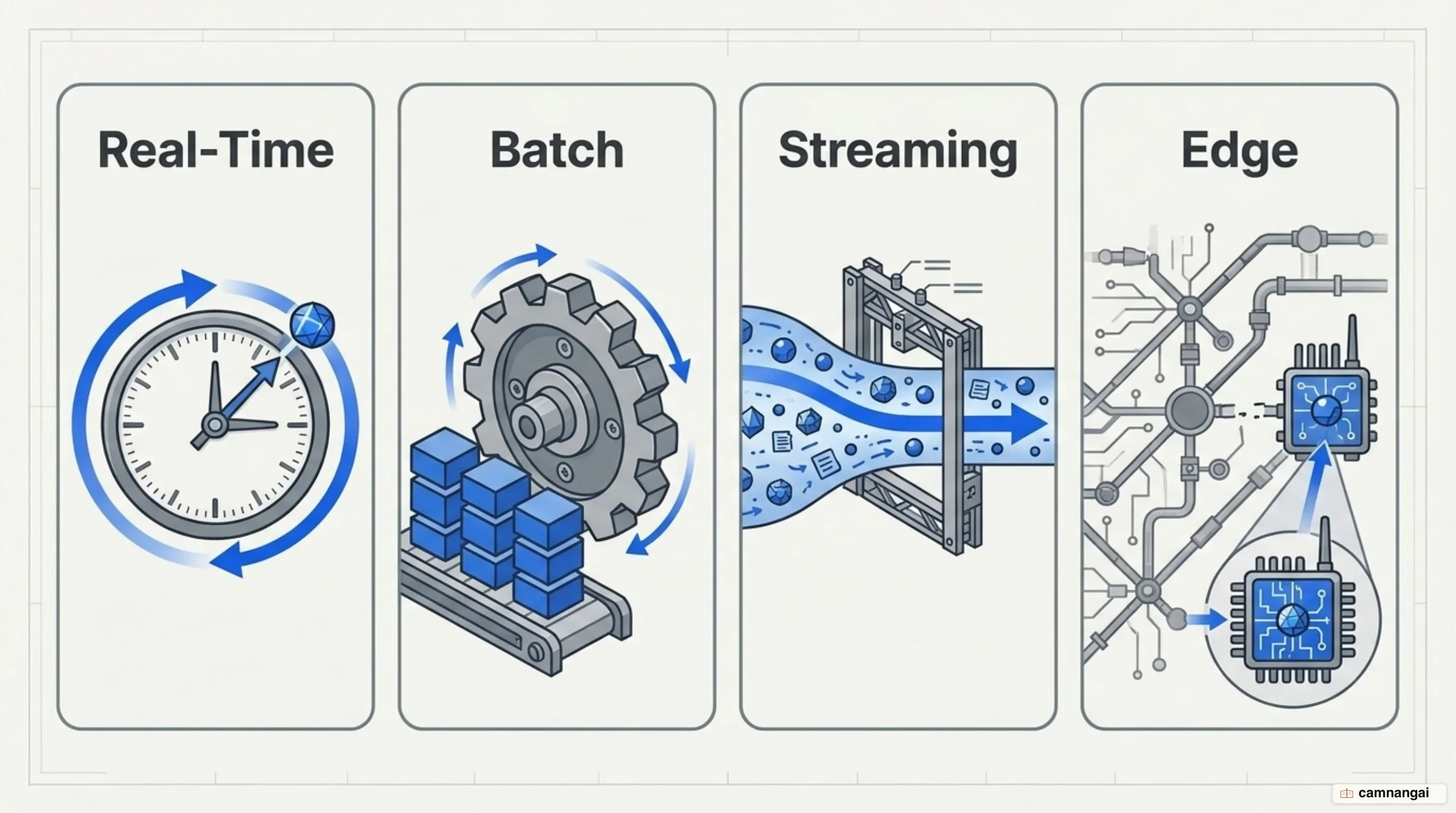 Four inference deployment modes side by side: real-time answering instantly, batch running on a schedule, streaming processing a flow of events, and edge running on the device itself