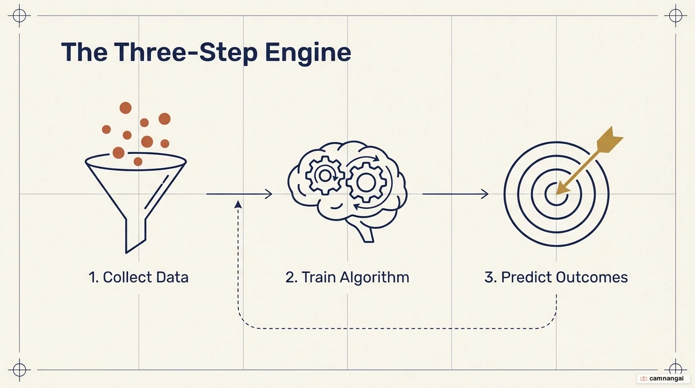 The three-step machine learning engine: a funnel collecting raw data, gears training the algorithm, and a target with an arrow representing predicted outcomes