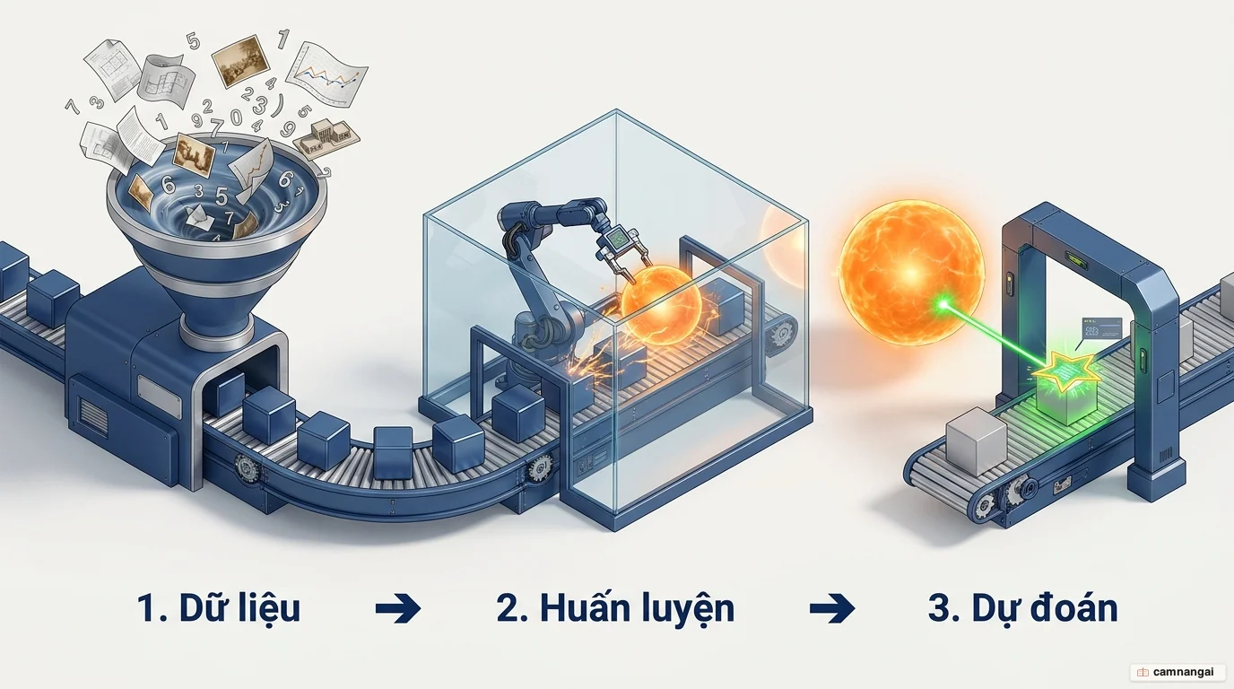 Dây chuyền ba bước của học máy: dữ liệu thô được gom vào phễu, đưa qua robot huấn luyện thuật toán, rồi cho ra một dự đoán ở cuối băng chuyền