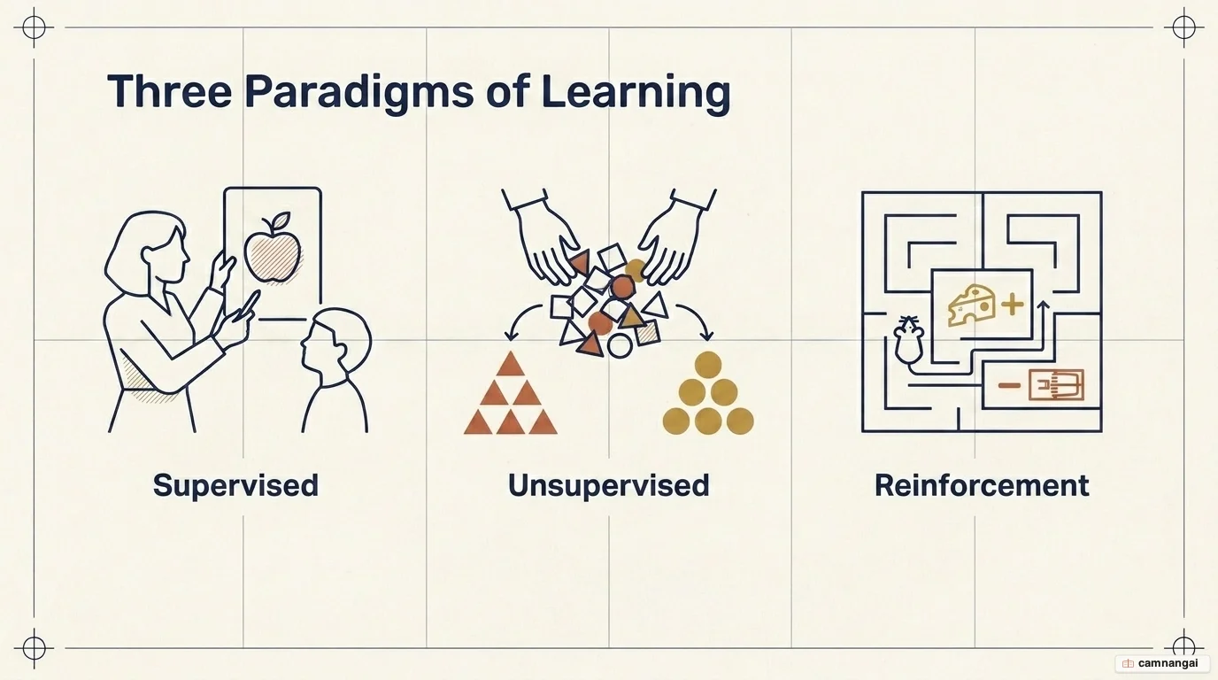 Three paradigms of machine learning side by side: supervised learning (a teacher guiding a student), unsupervised learning (clustering shapes into groups), and reinforcement learning (a mouse navigating a maze toward a reward)