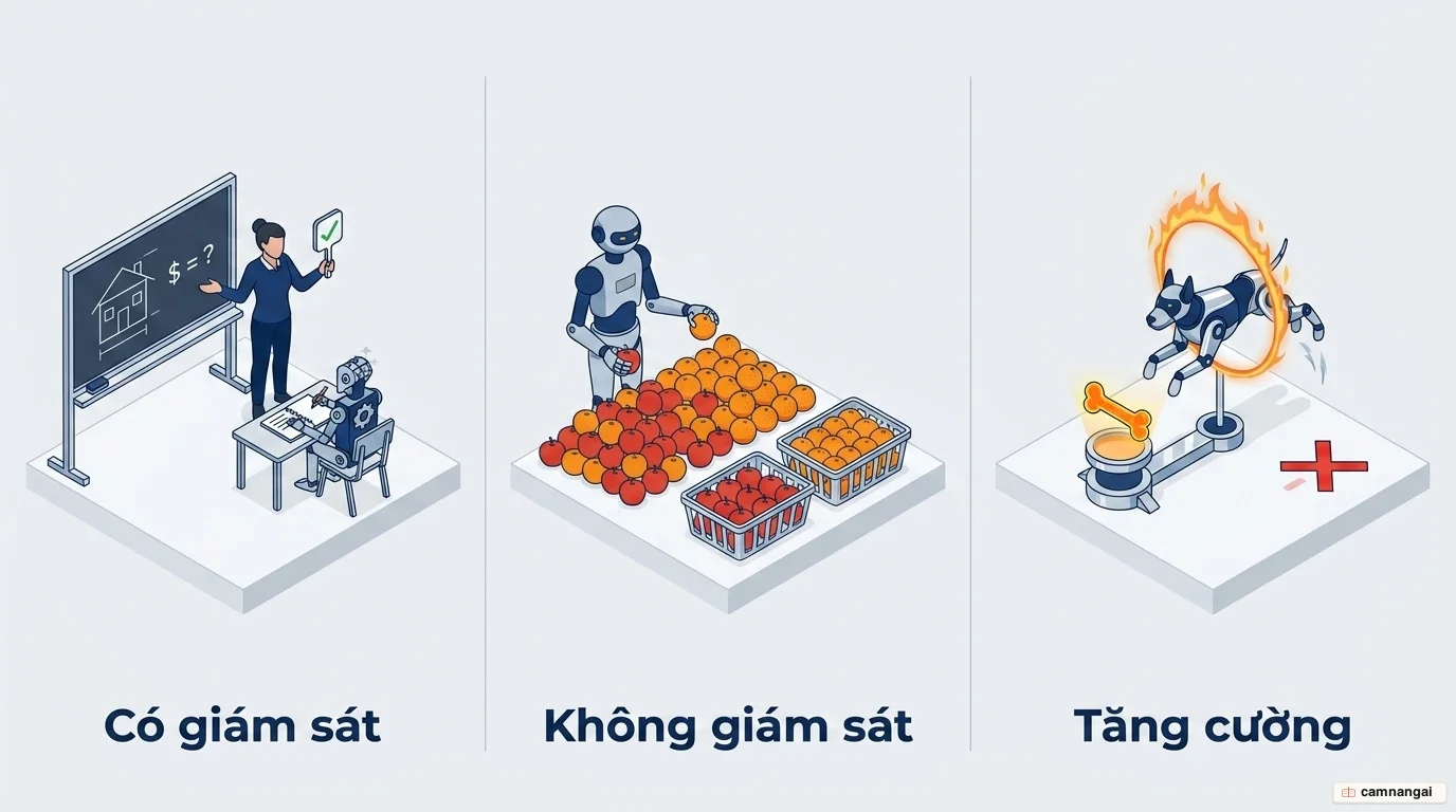 Ba phương pháp học máy đặt cạnh nhau: học có giám sát (thầy dạy trò bên bảng), học không giám sát (robot tự gom dữ liệu thành nhóm), và học tăng cường (robot nhận thưởng - phạt khi vượt vòng)