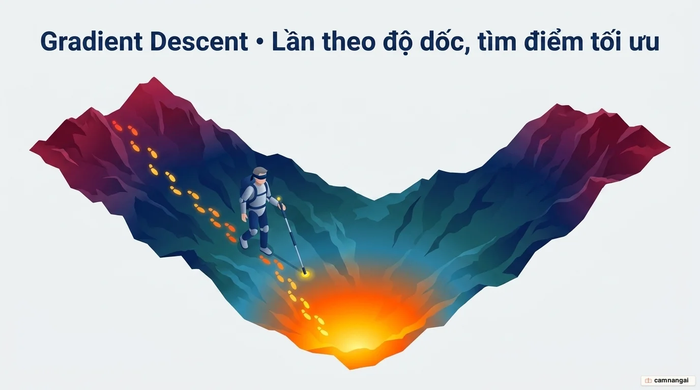 Minh hoạ lao dốc gradient: một người lần theo sườn dốc đi dần xuống đáy thung lũng phát sáng — điểm tối ưu nơi sai số của mô hình nhỏ nhất