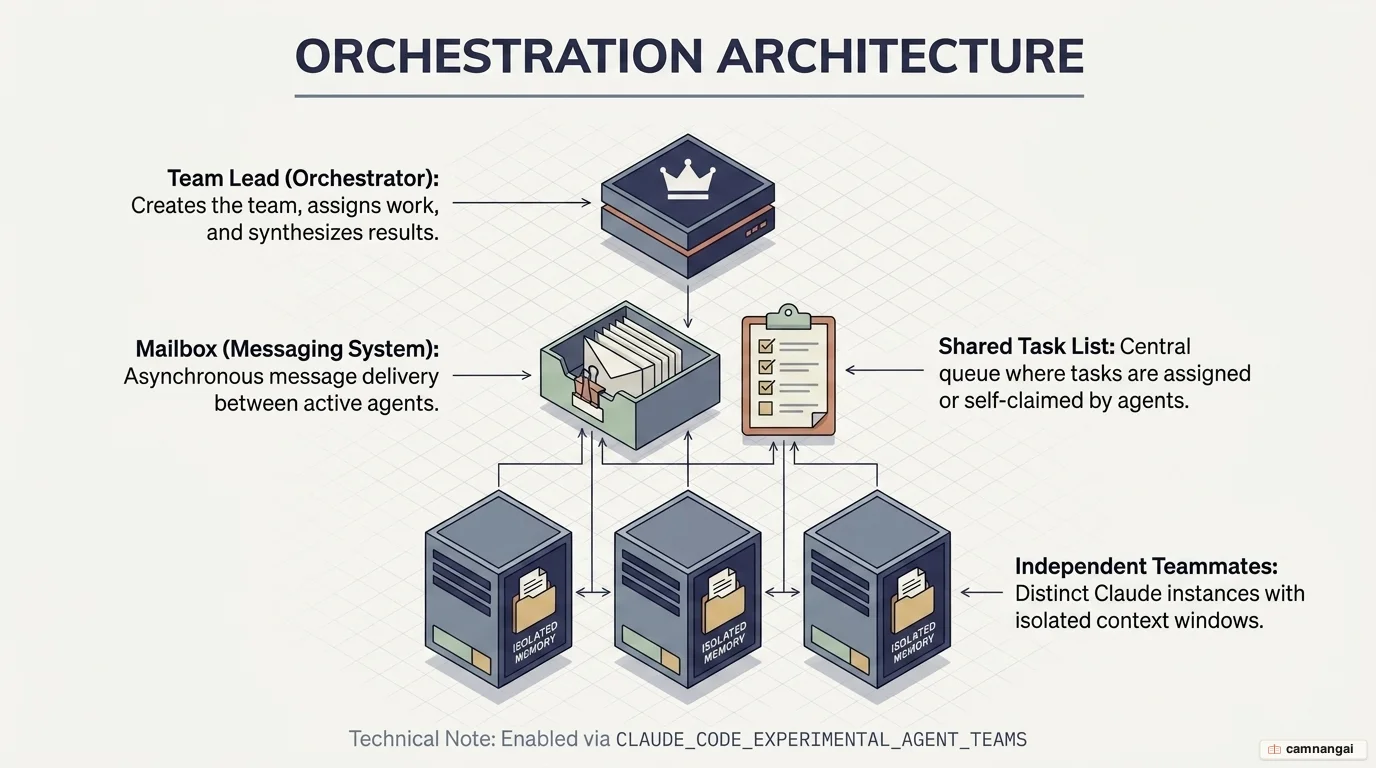 Agent team orchestration architecture: one team lead coordinating several independent teammates through a shared task list and a Mailbox messaging system.