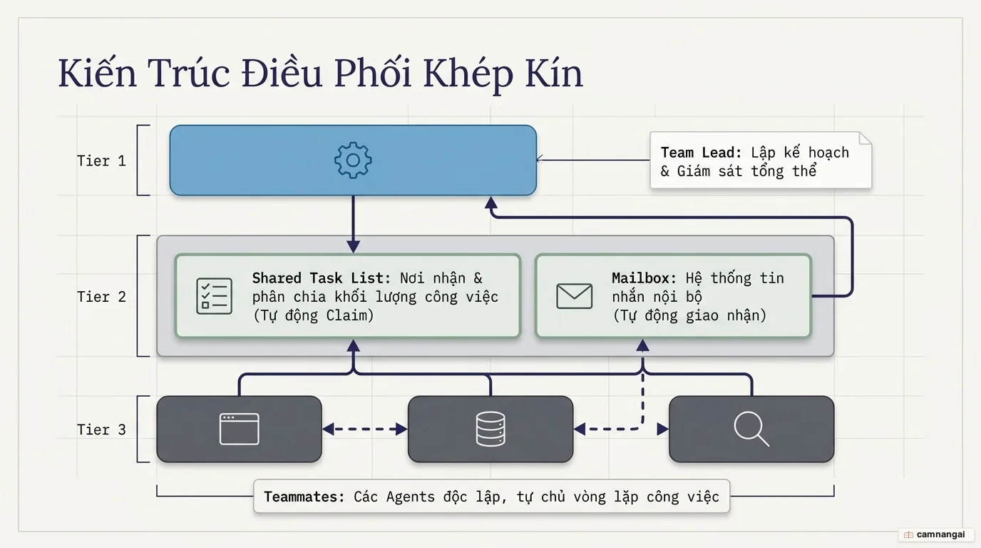 Kiến trúc điều phối agent team: một team lead điều phối nhiều teammate độc lập qua shared task list và hệ thống Mailbox.