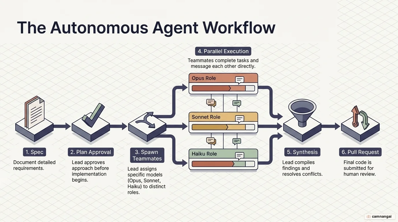 Issue-to-pull-request workflow with an agent team: spec, plan approval, spawning teammates, parallel monitoring, synthesis, and pull request.
