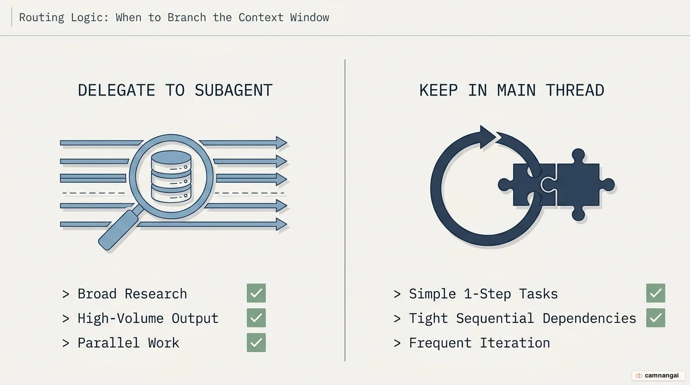 Comparison of when to delegate to a subagent (broad research, high-volume output, parallel work) versus keep work in the main thread (simple one-step tasks, tight sequential dependencies, frequent iteration).