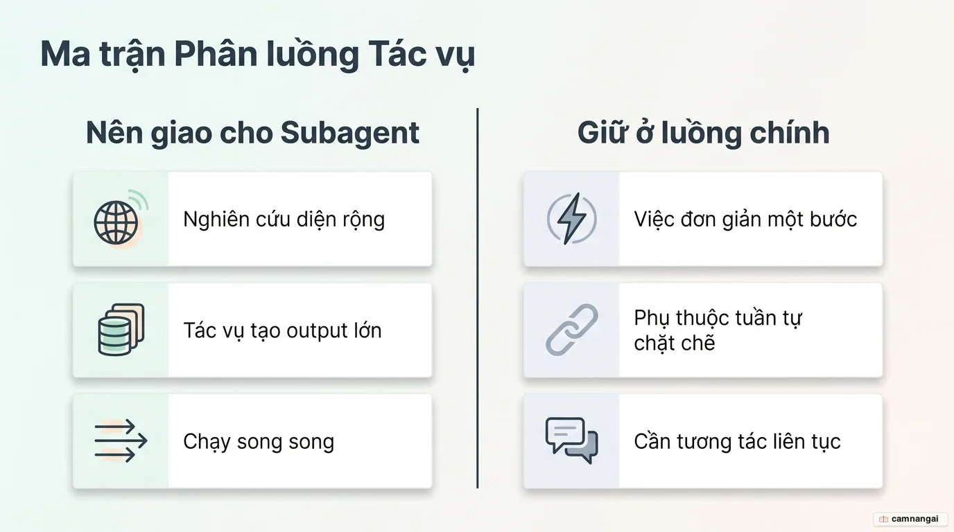 Bảng so sánh khi nào nên giao việc cho subagent (nghiên cứu diện rộng, tác vụ tạo output lớn, chạy song song) và khi nào nên giữ ở luồng chính (việc đơn giản một bước, phụ thuộc tuần tự chặt, cần tương tác liên tục).