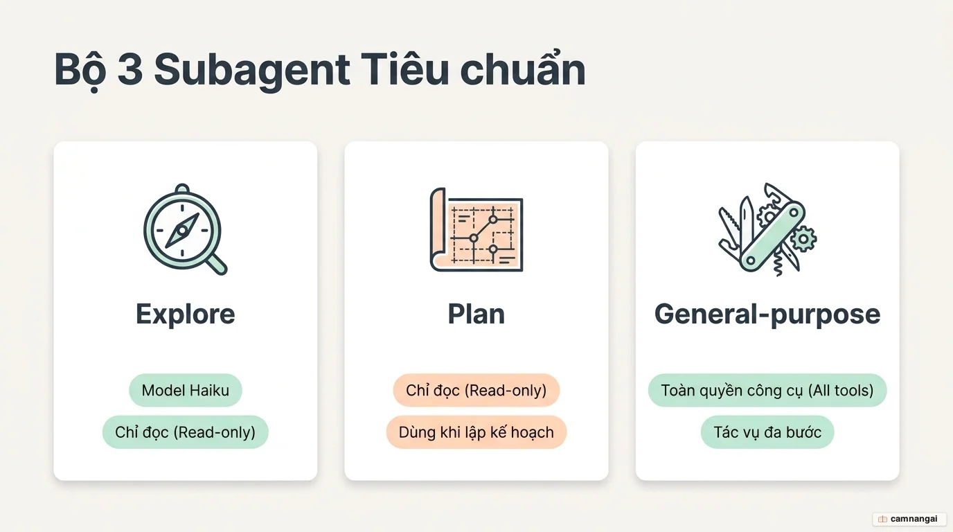 Ba subagent tiêu chuẩn của Claude Code: Explore dùng model Haiku và chỉ đọc, Plan chỉ đọc dùng khi lập kế hoạch, và General-purpose có toàn quyền công cụ.