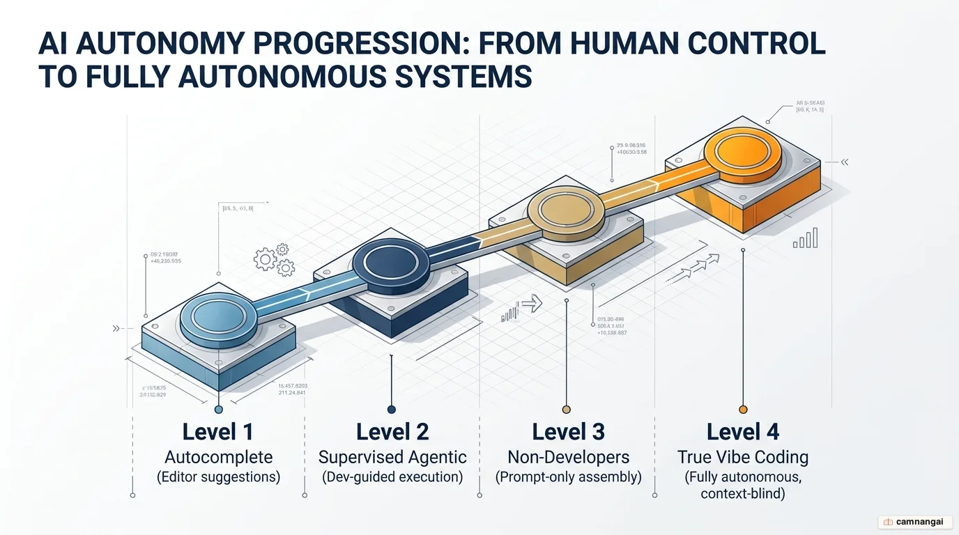 The four levels of interacting with AI while coding: autocomplete, supervised agentic coding, non-developers using AI, and true vibe coding.