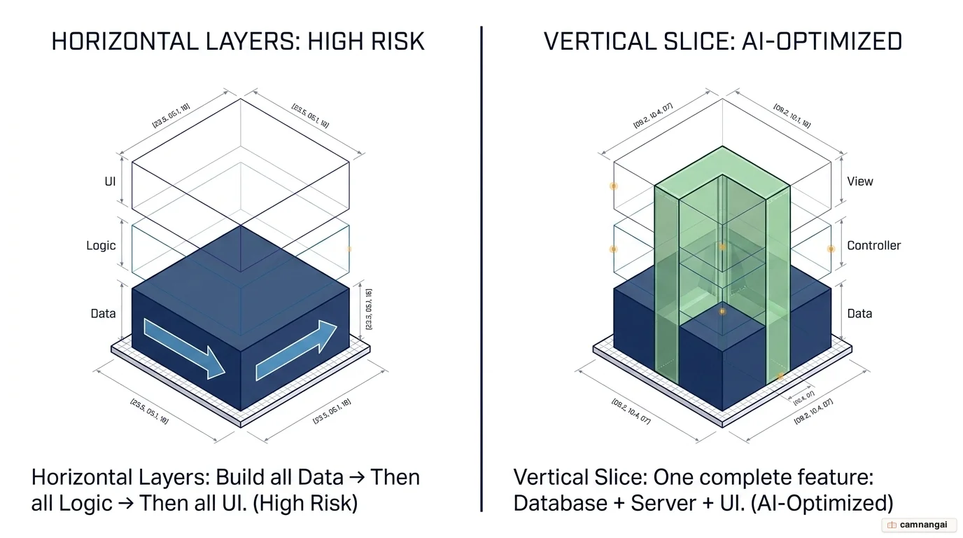 A vertical slice from database to UI compared with building in horizontal layers.