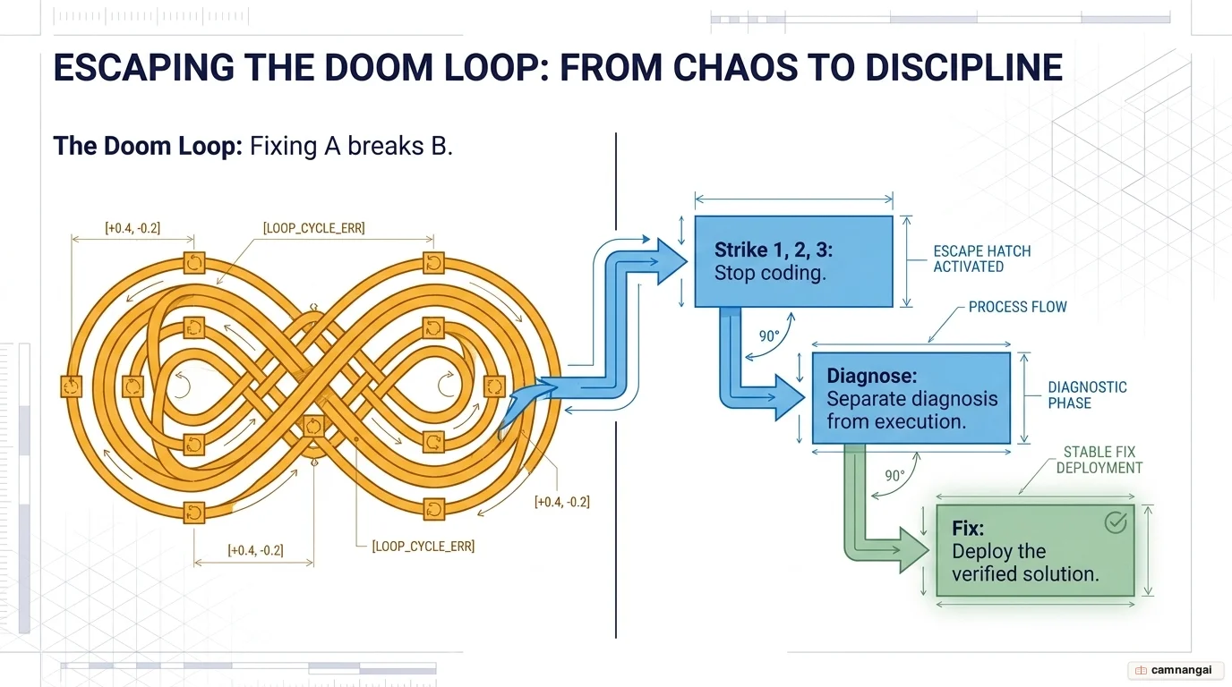 The doom loop where fixing one bug breaks another, and how to escape it with the three-strikes rule and diagnosing before fixing.