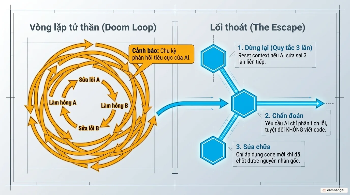 Vòng lặp tử thần khi sửa lỗi này làm hỏng lỗi khác, và cách thoát ra bằng quy tắc ba lần và chẩn đoán trước khi sửa.