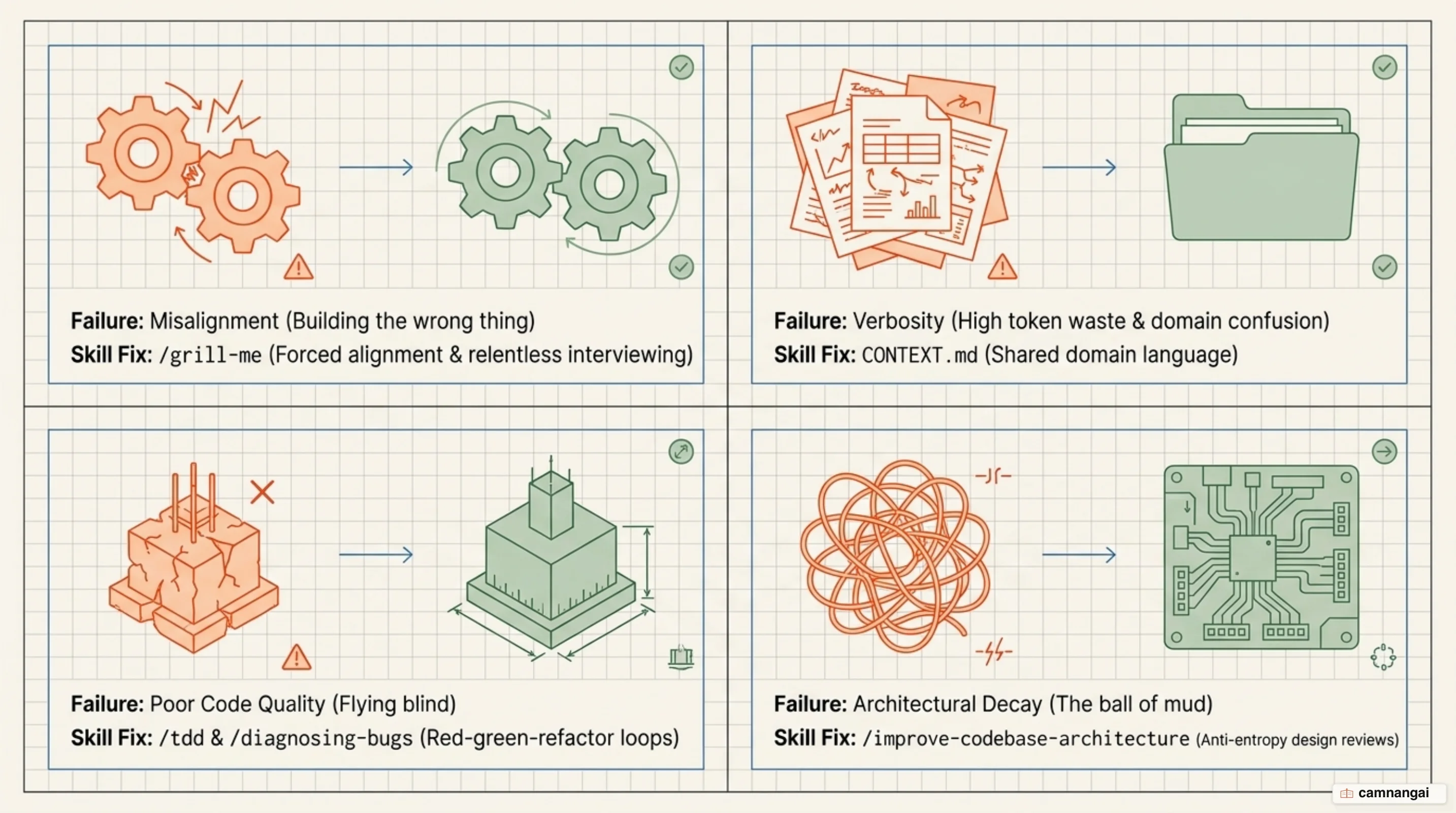 The four failure modes of AI coding and the skill that counters each one