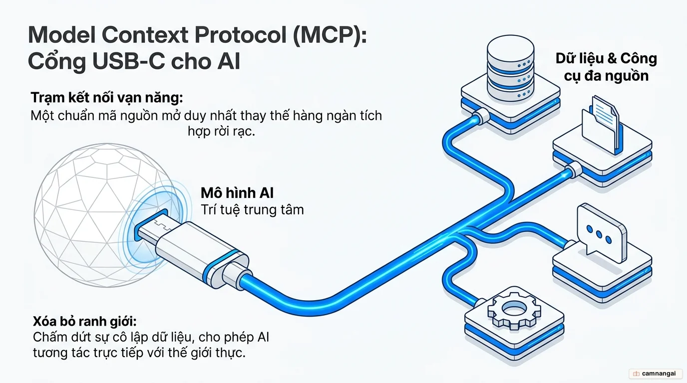 Minh hoạ MCP như cổng USB-C cho AI, kết nối một mô hình AI tới nhiều nguồn dữ liệu và công cụ qua một chuẩn chung