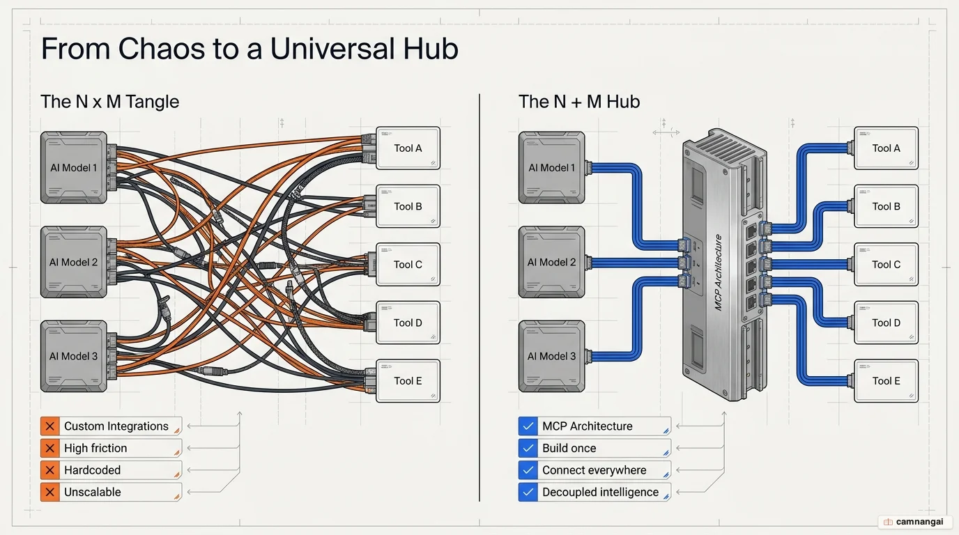 Comparison of the integration problem: a tangled N × M web before MCP versus a clean N + M hub after MCP