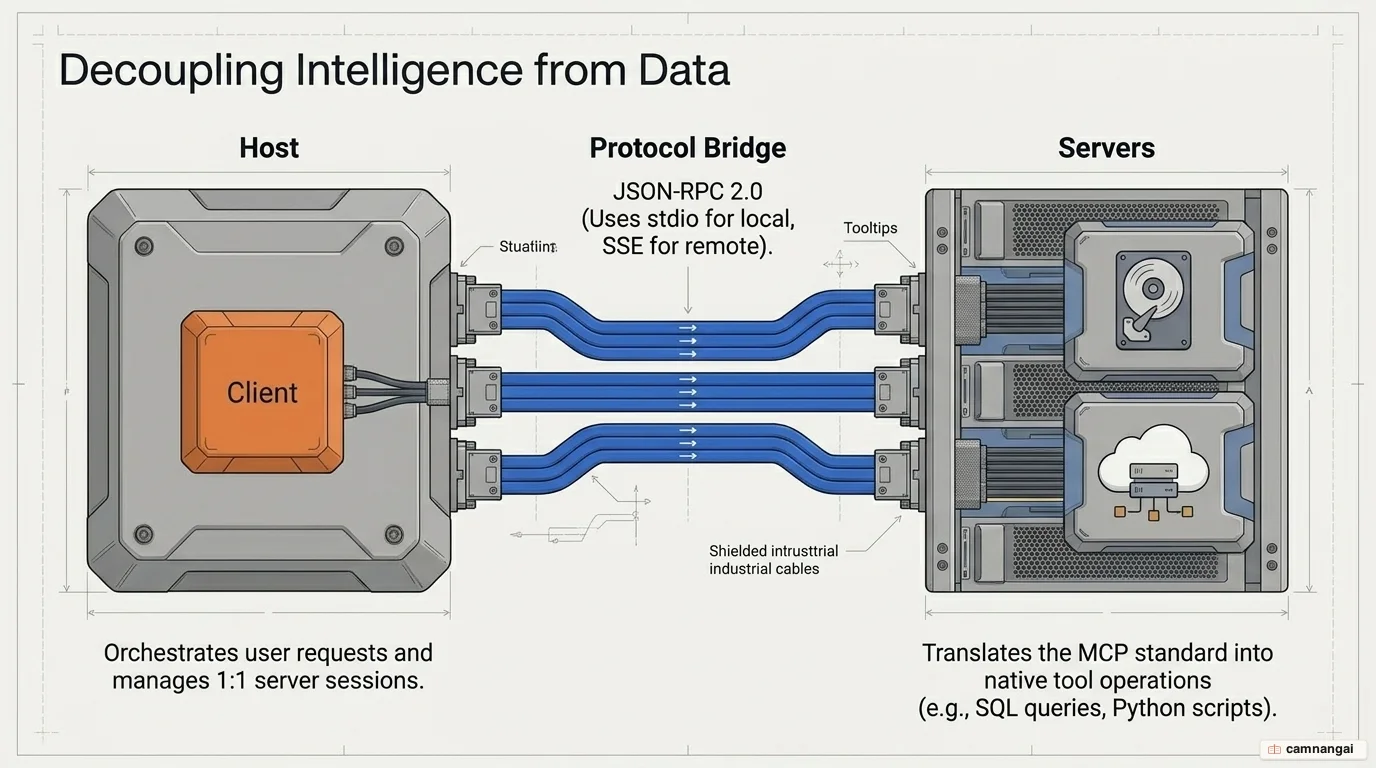 Diagram of MCP's three-layer architecture: a Host holding a Client that maintains 1:1 connections to external Servers over JSON-RPC