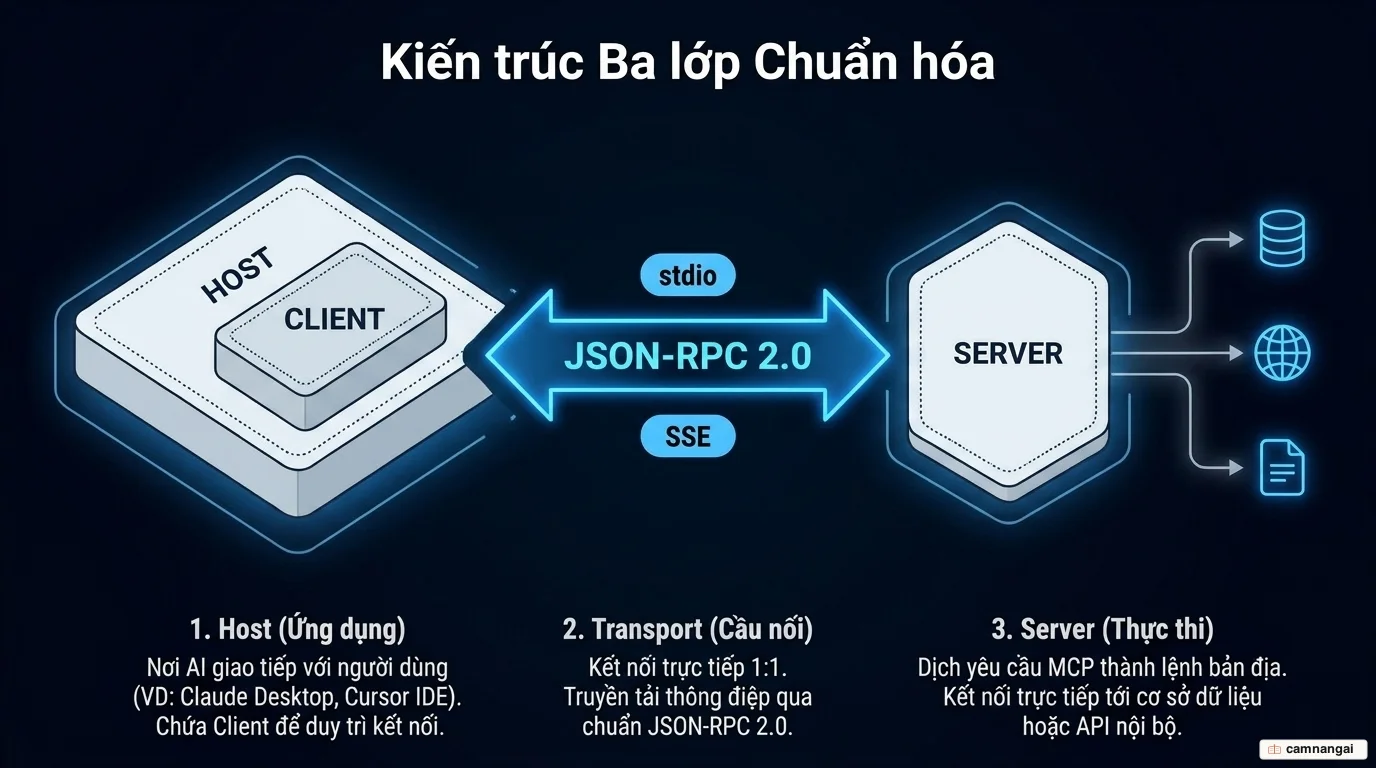 Sơ đồ kiến trúc MCP ba lớp: Host chứa Client duy trì kết nối 1:1 tới các Server bên ngoài qua JSON-RPC