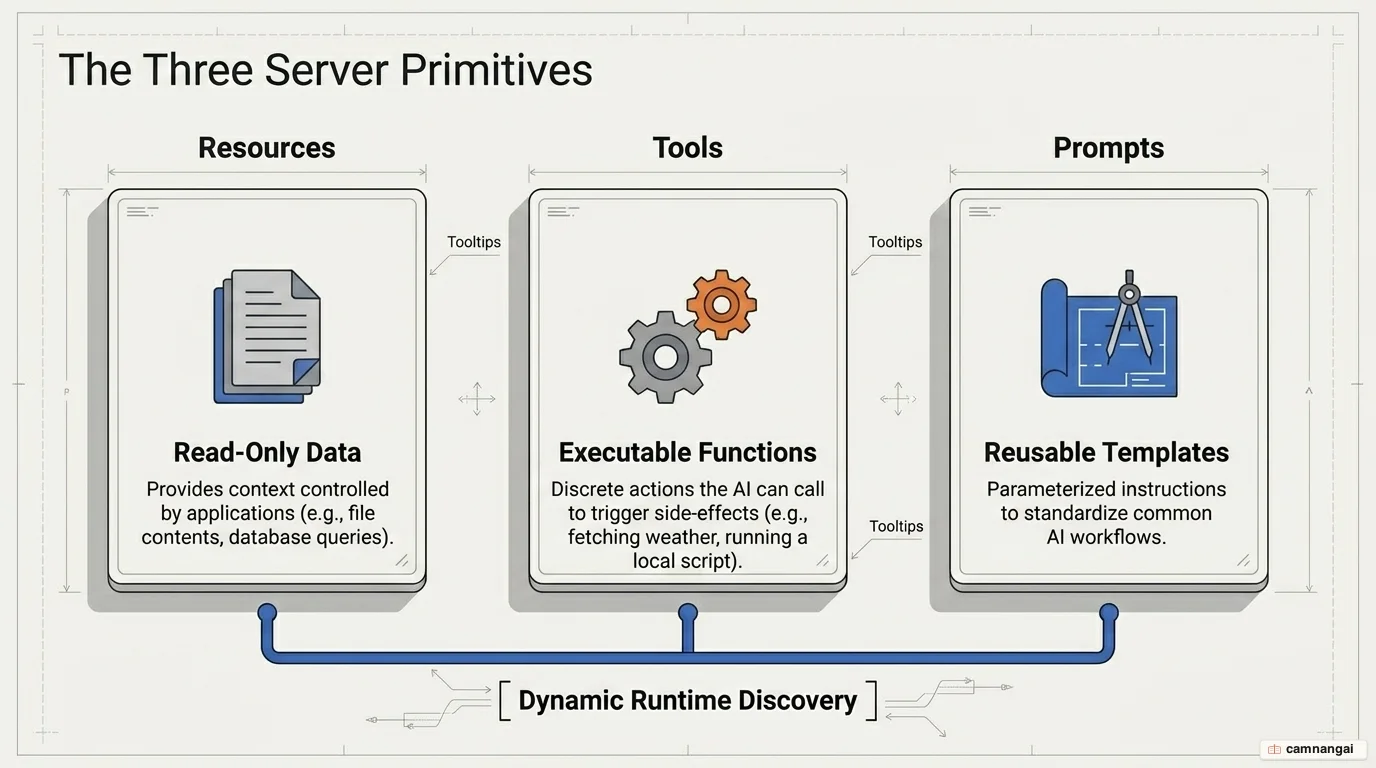 The three core MCP primitives a server exposes: Resources (read-only data), Tools (executable functions) and Prompts (reusable templates)