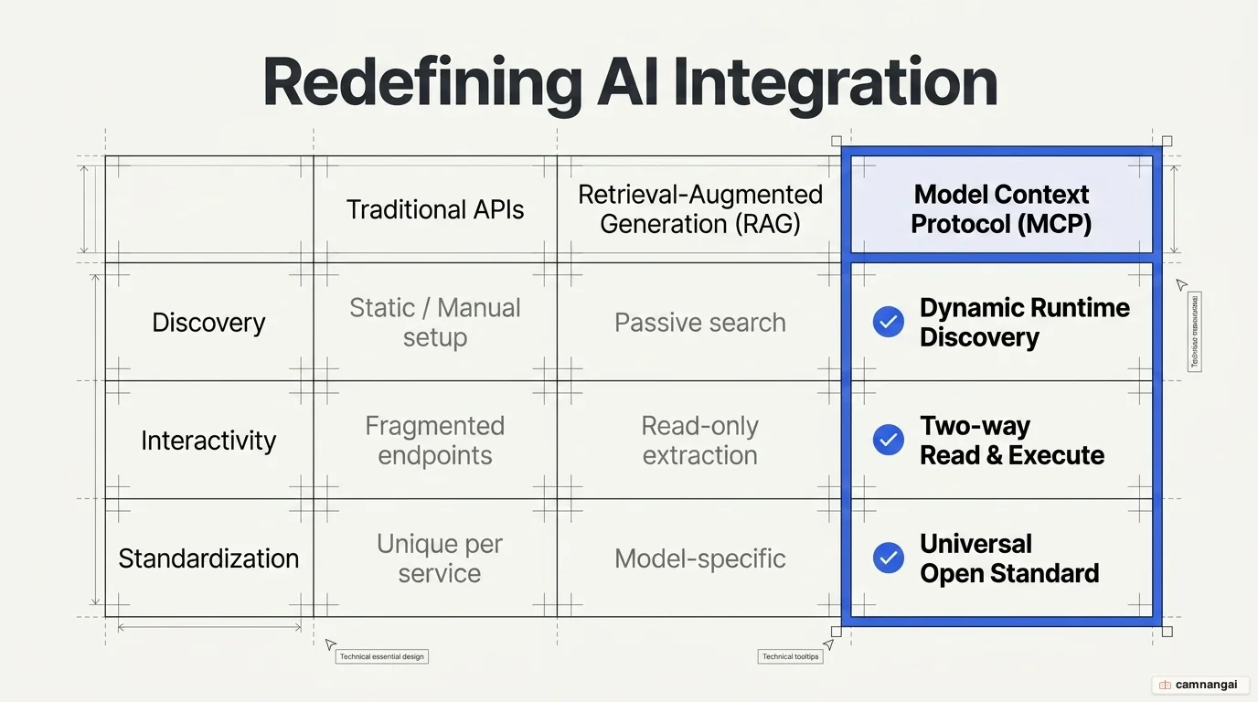 Comparison of MCP against traditional REST APIs and RAG across discovery, interactivity, and standardization