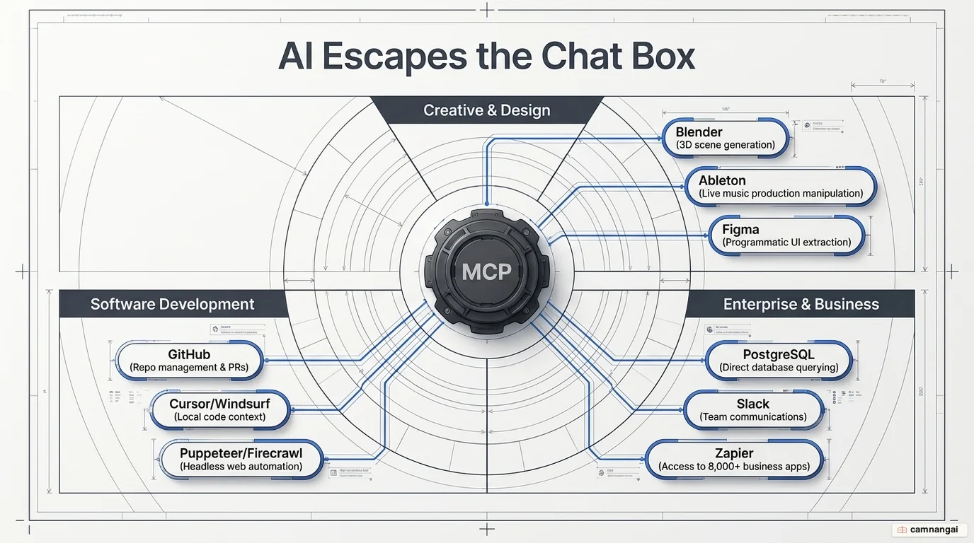 Map of the MCP ecosystem across three application groups: creative and design, software development, and enterprise