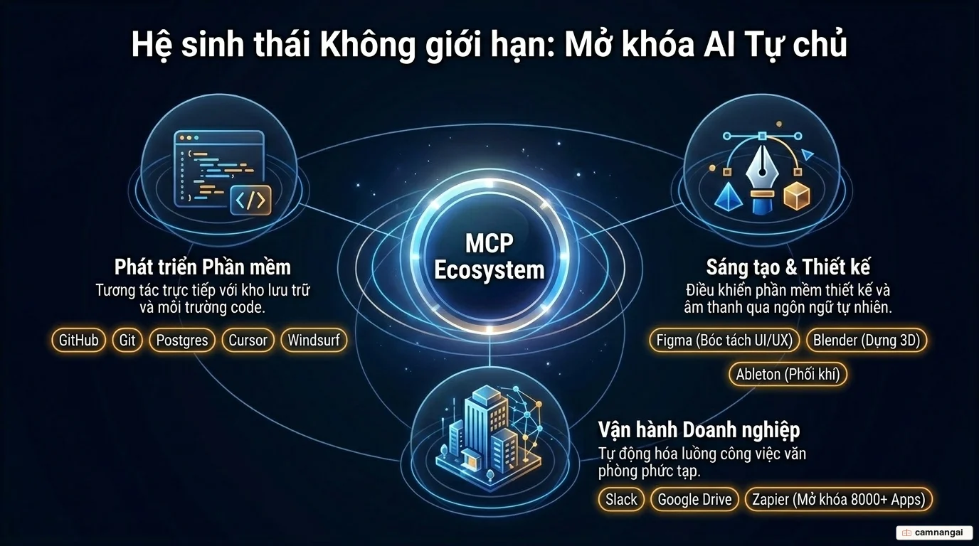 Bản đồ hệ sinh thái MCP với ba nhóm ứng dụng: sáng tạo và thiết kế, phát triển phần mềm, và doanh nghiệp