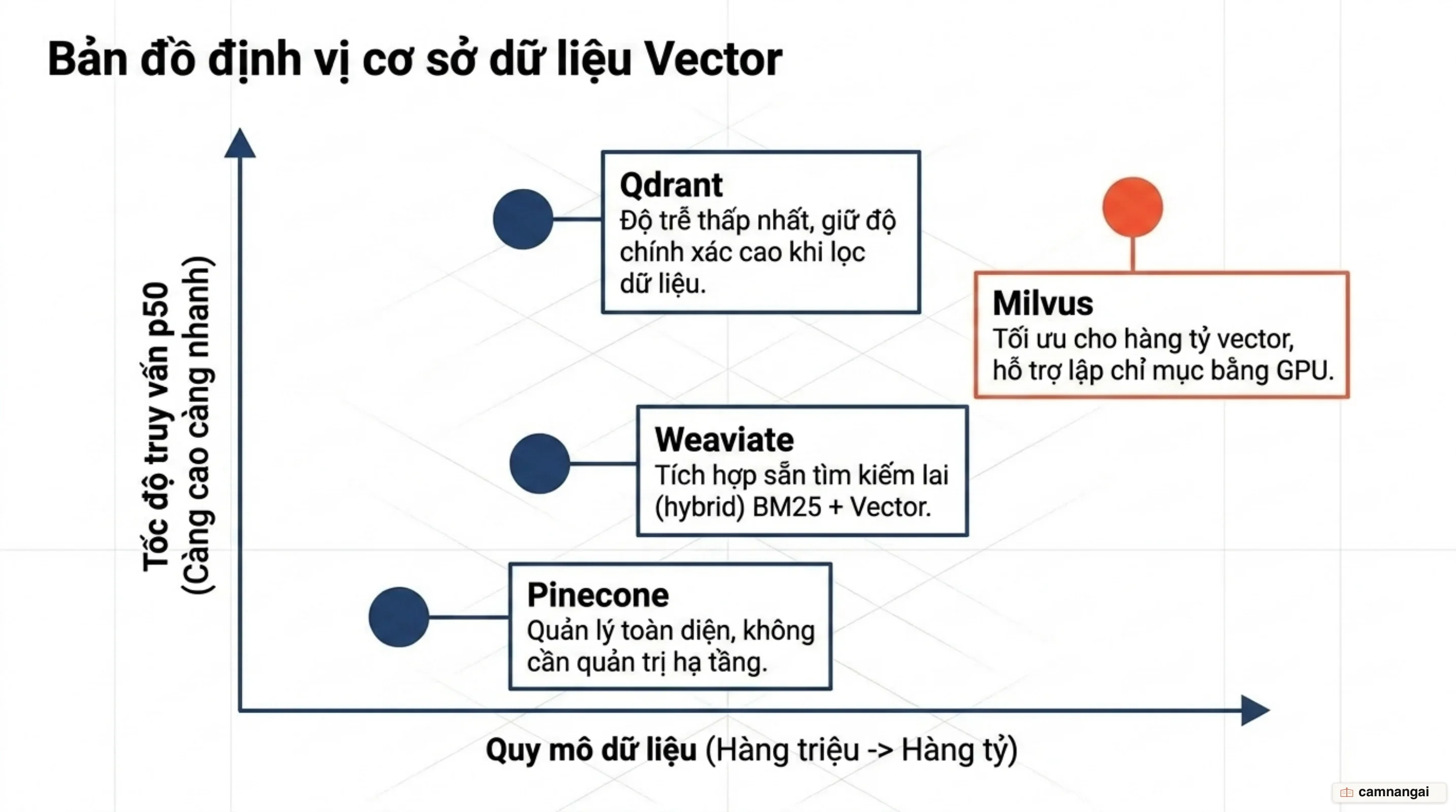 So sánh bốn cơ sở dữ liệu vector Milvus, Pinecone, Qdrant và Weaviate theo quy mô dữ liệu và độ trễ p50