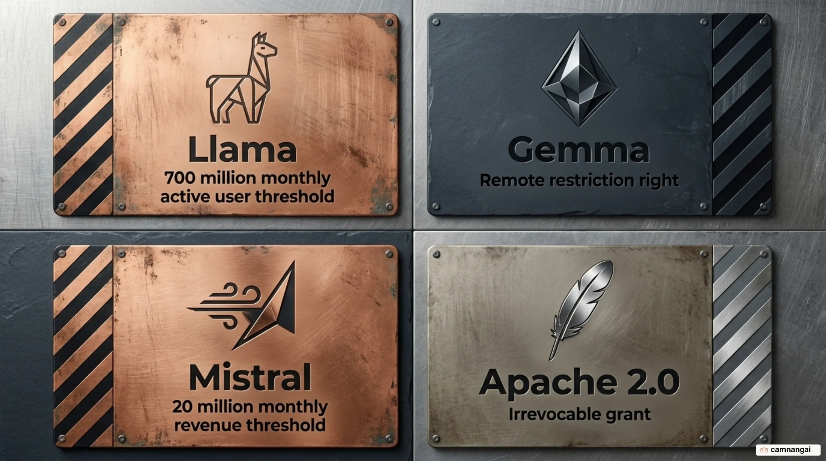 License constraints compared across open models: Llama's user threshold, Gemma's remote restriction right, Mistral's revenue threshold, and Apache 2.0's irrevocable grant