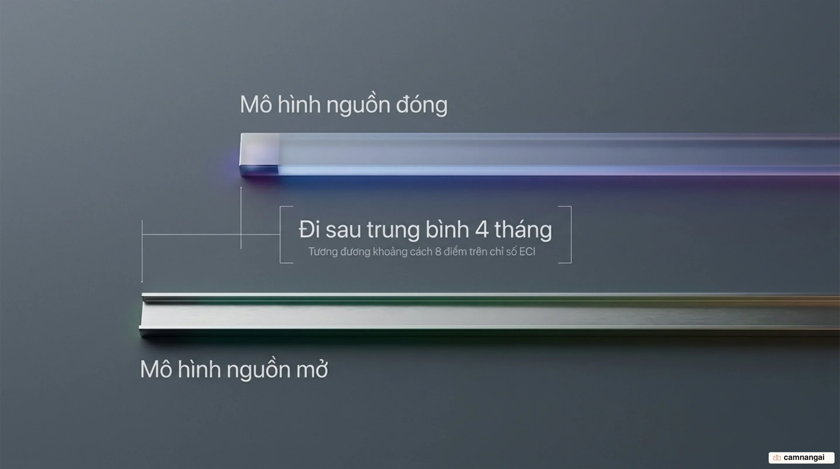 Khoảng cách năng lực giữa mô hình mở và mô hình đóng: mô hình mở đi sau khoảng 4 tháng, tương đương 8 điểm trên chỉ số ECI