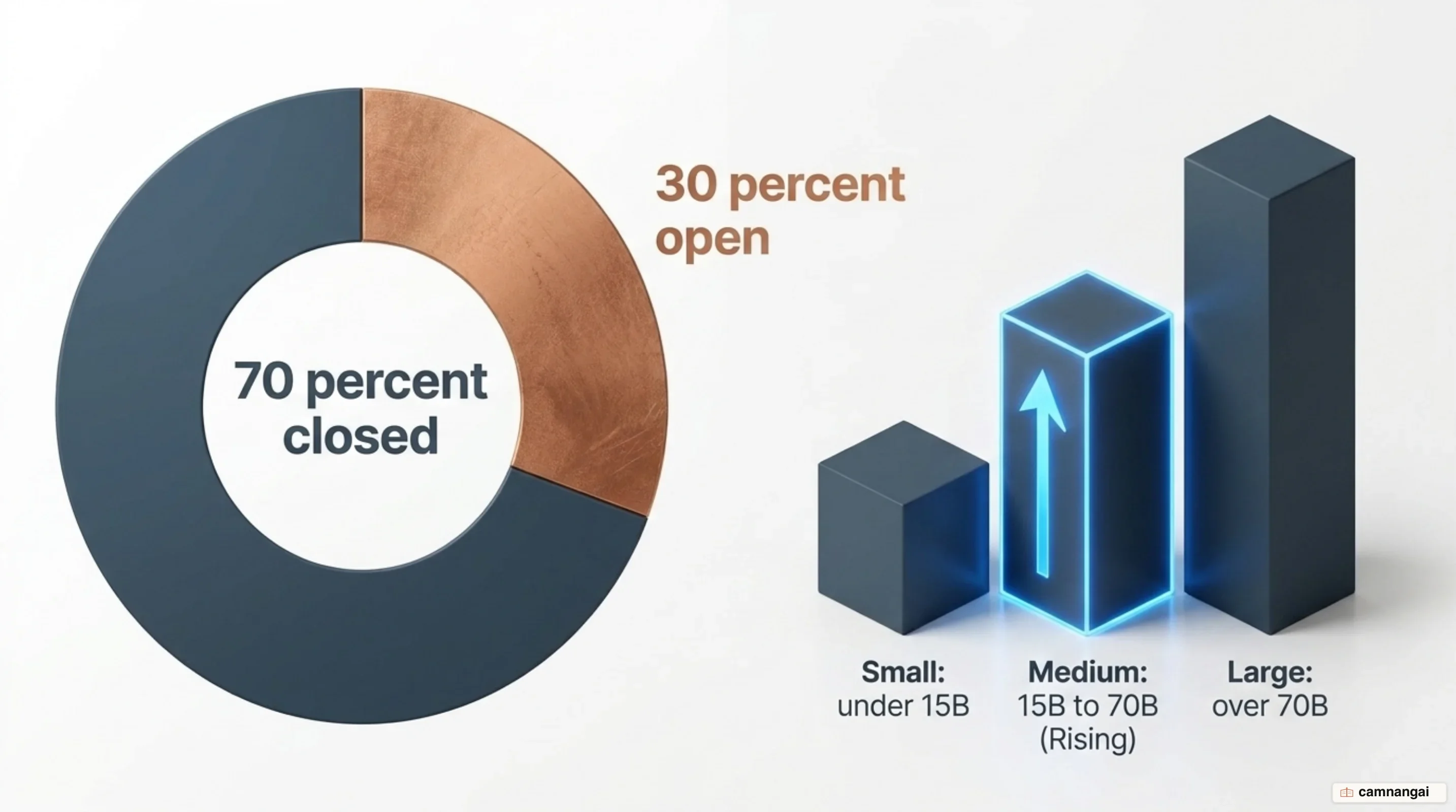 Actual market share by token volume: roughly 70% closed models against 30% open, alongside the shift toward mid-size models